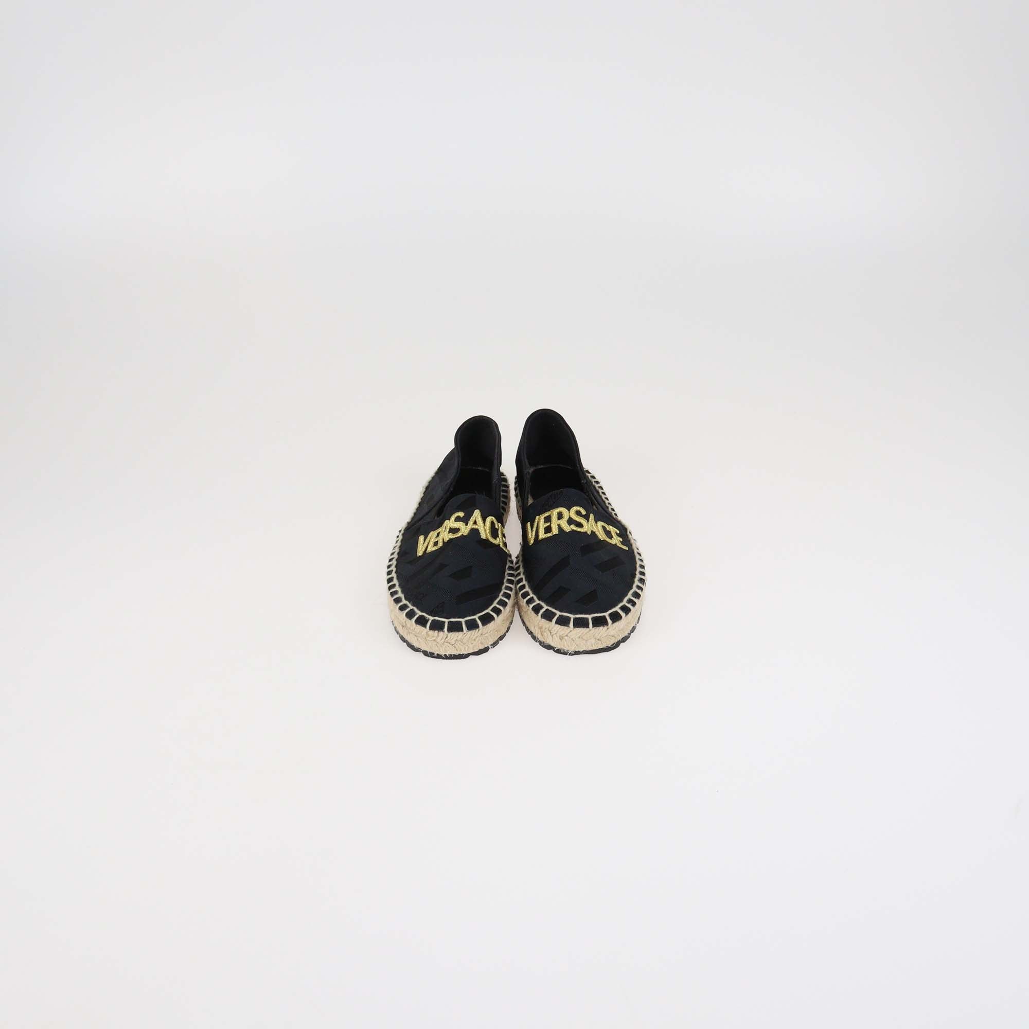 Versace Kids Black Nylon Logo Embroidered Espadrille Slip On Flats