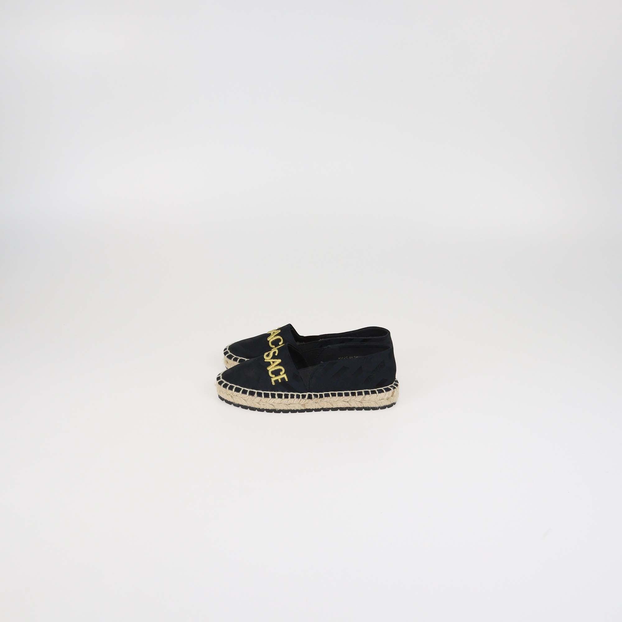 Versace Kids Black Nylon Logo Embroidered Espadrille Slip On Flats