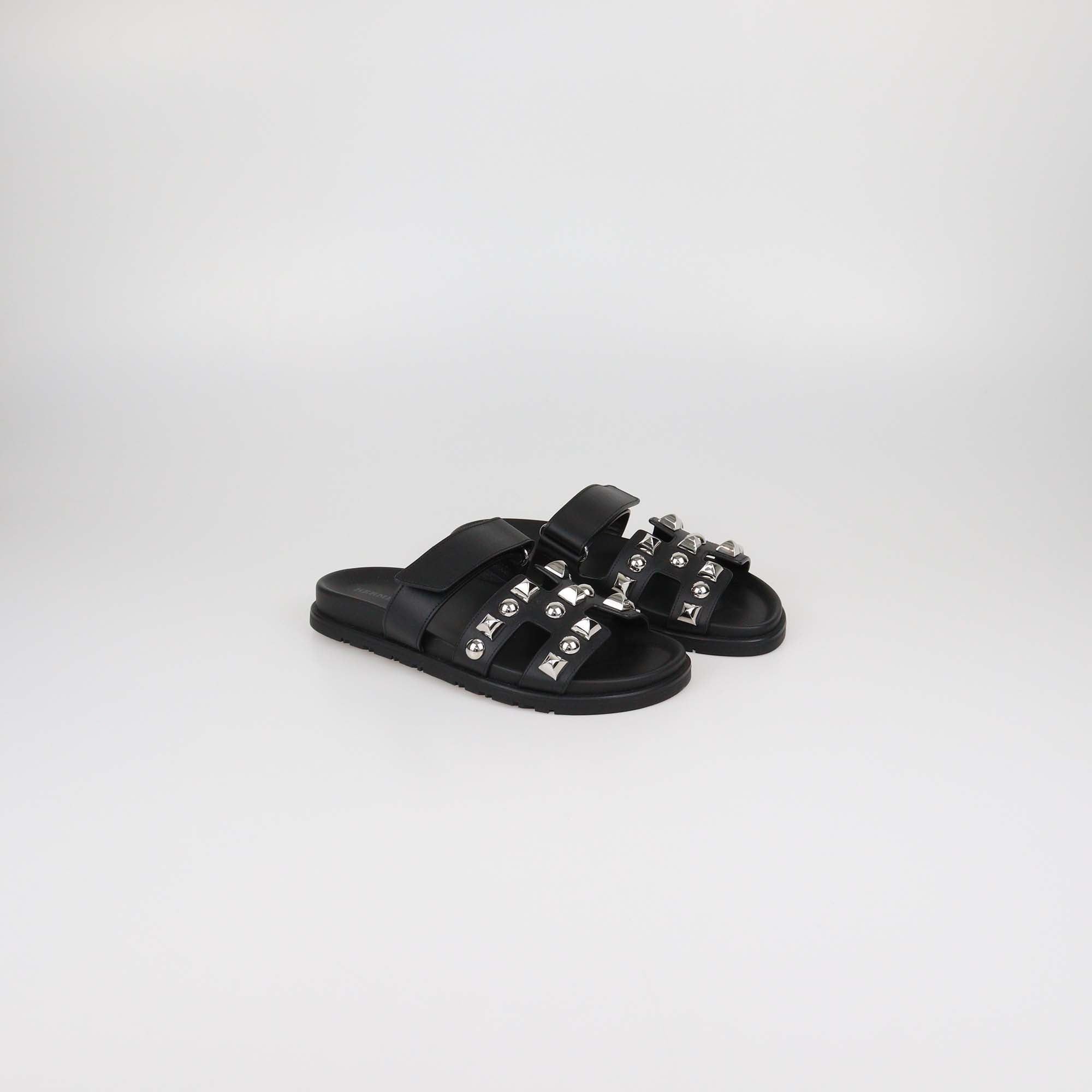 Hermes Black Leather Medor Studs Chypre Sandals