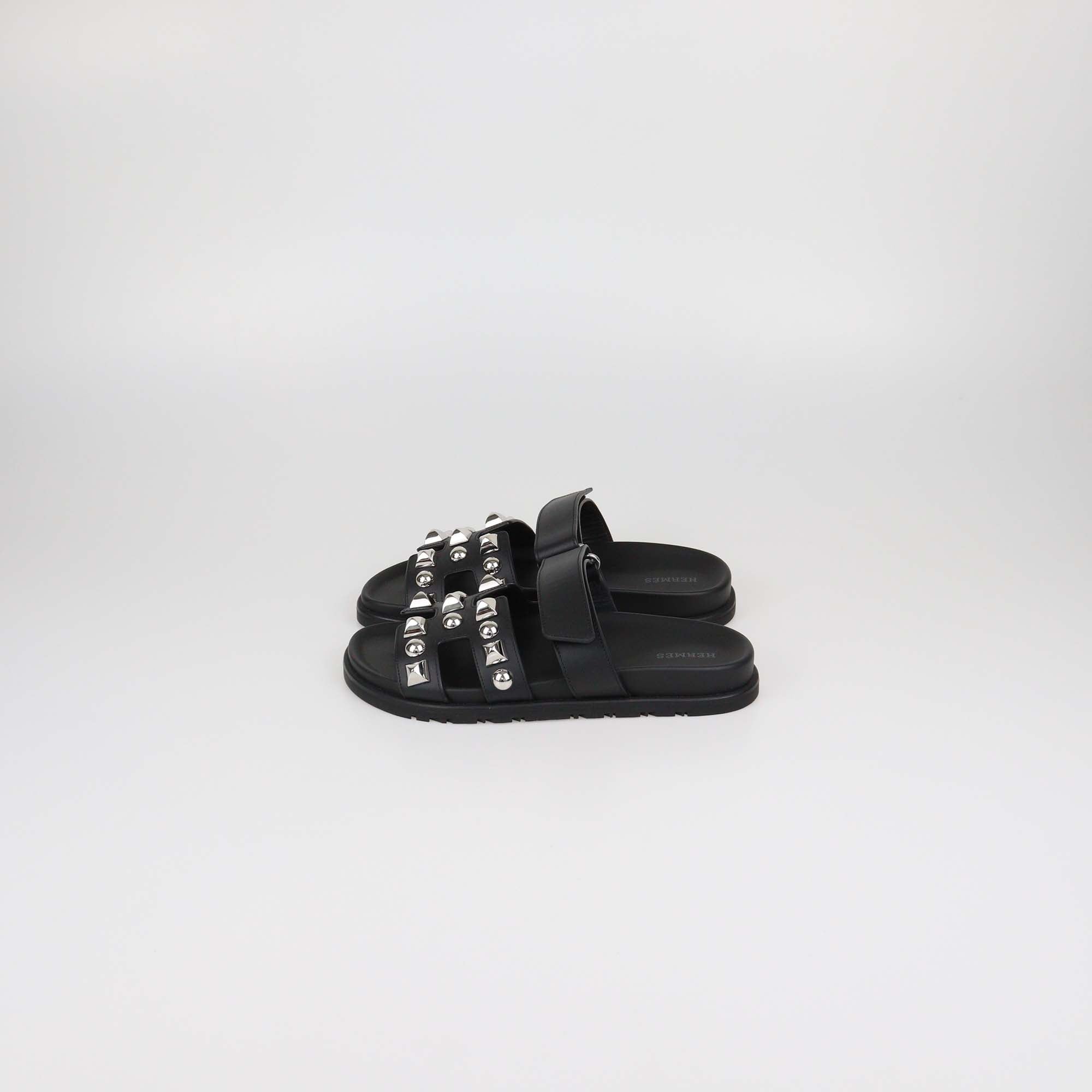 Hermes Black Leather Medor Studs Chypre Sandals
