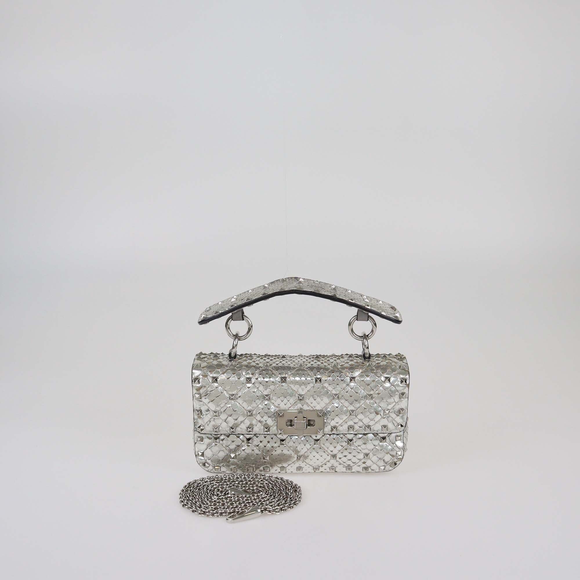 Valentino Silver Quilted Small Rockstud Spike Top Handle Bag Womens Valentino 