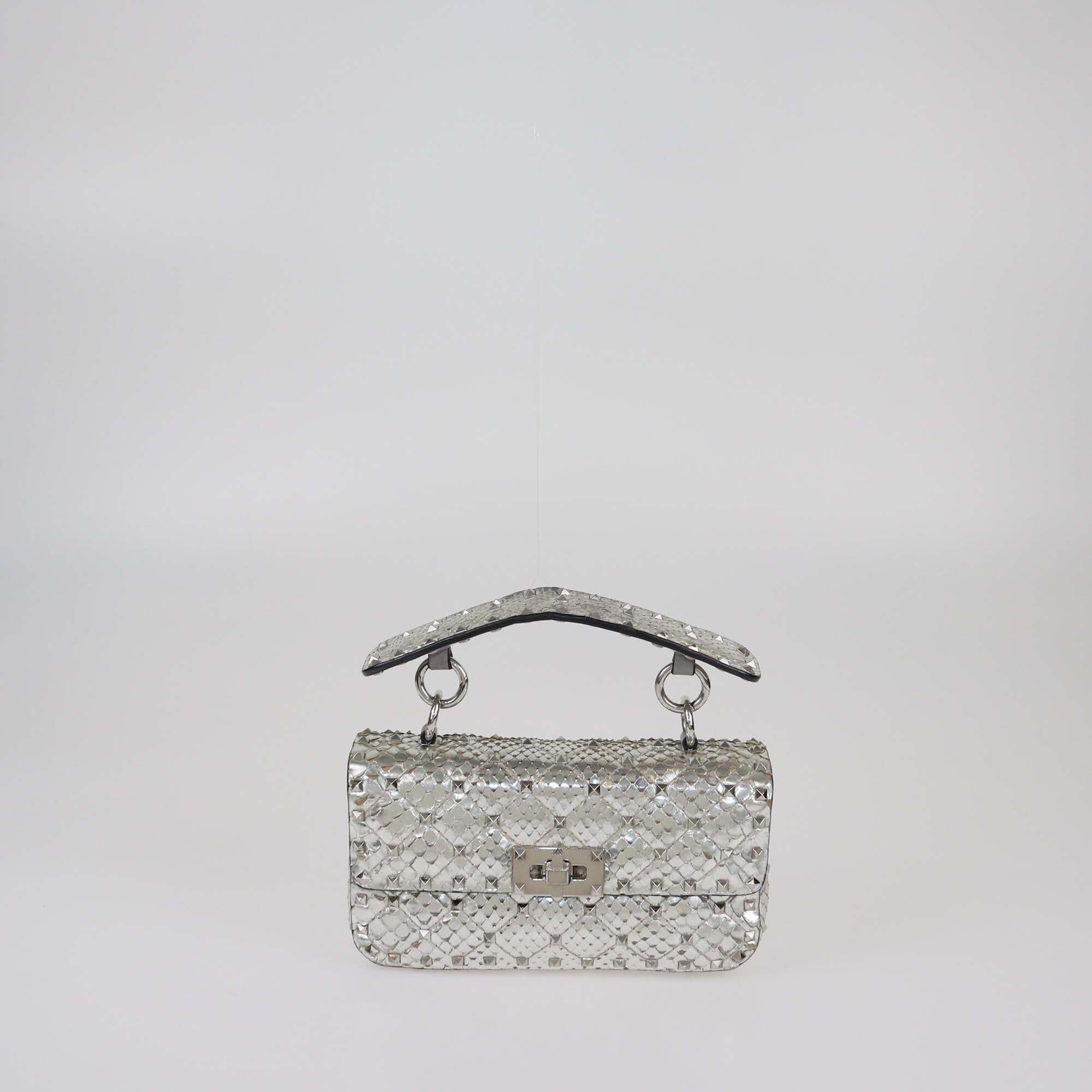 Valentino Silver Quilted Small Rockstud Spike Top Handle Bag Womens Valentino 