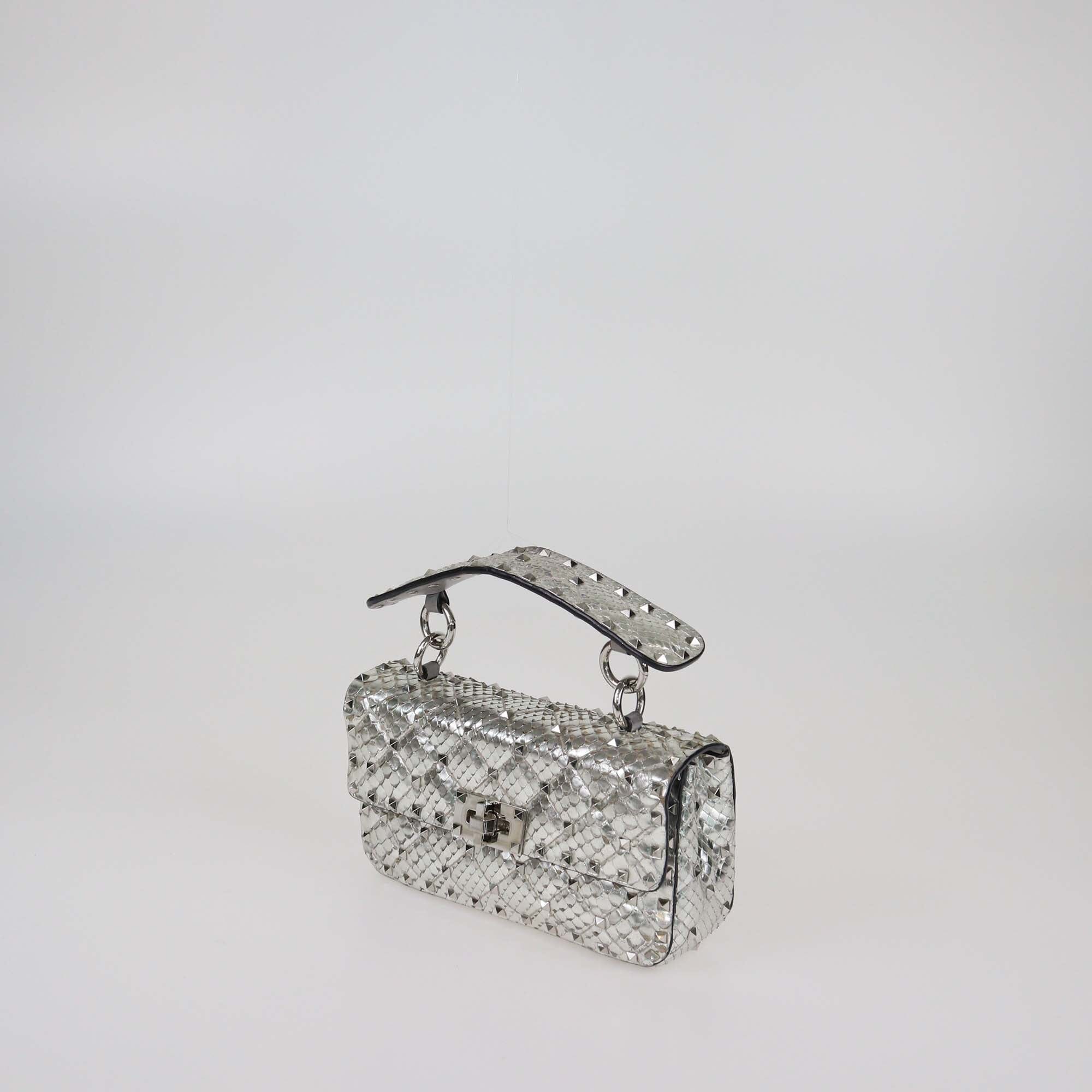 Valentino Silver Quilted Small Rockstud Spike Top Handle Bag Womens Valentino 