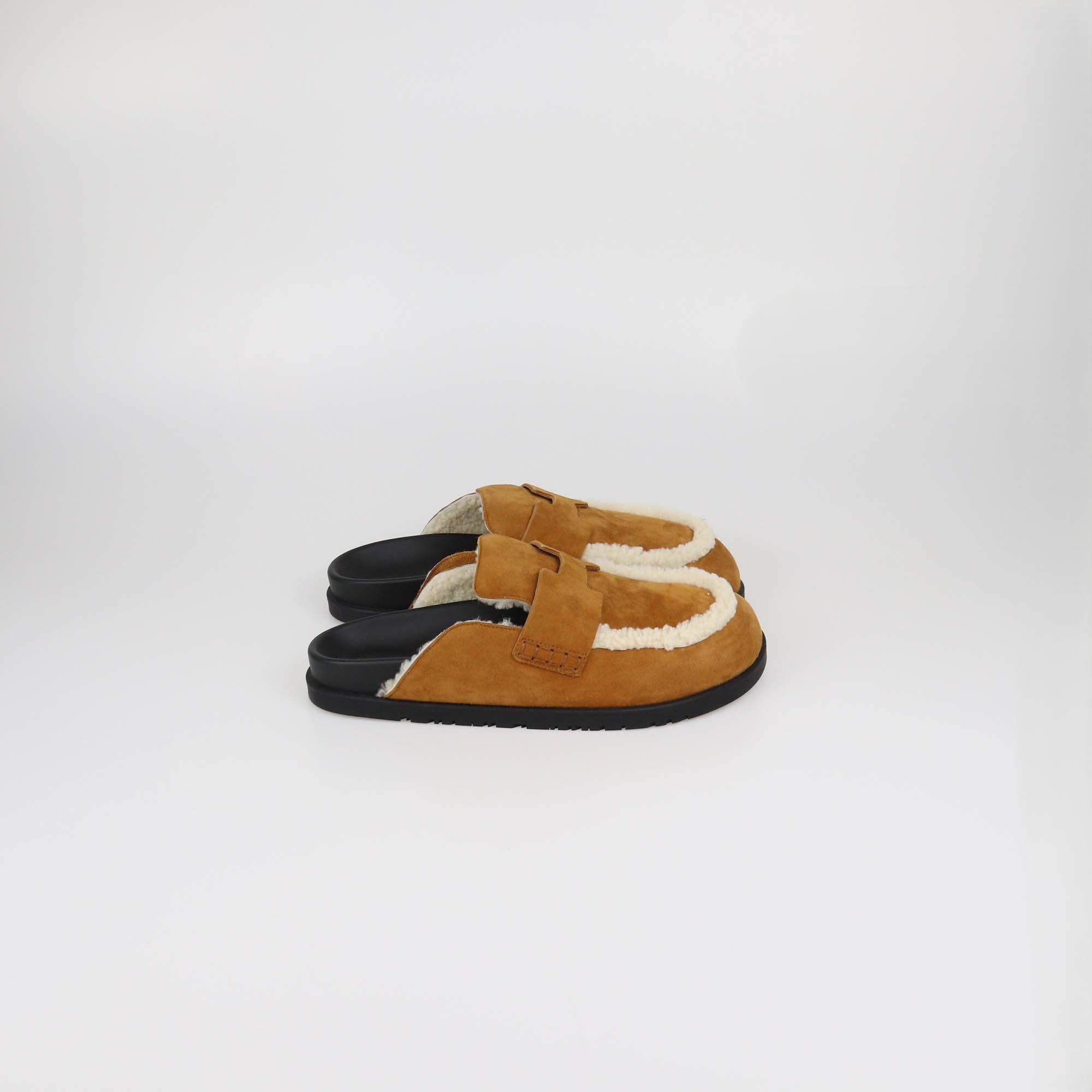 Hermes Brown Suede and Shearling GO Mules