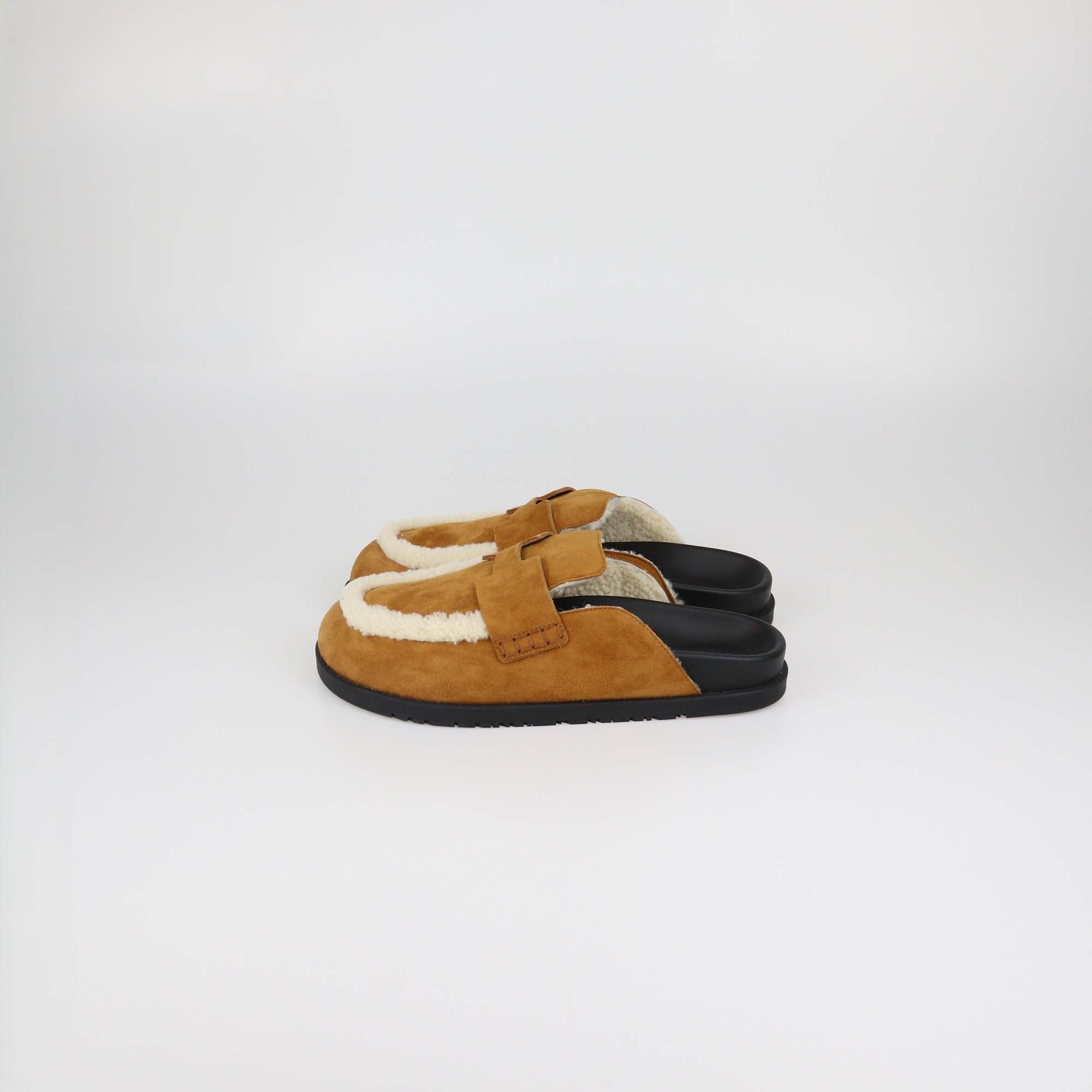 Hermes Brown Suede and Shearling GO Mules