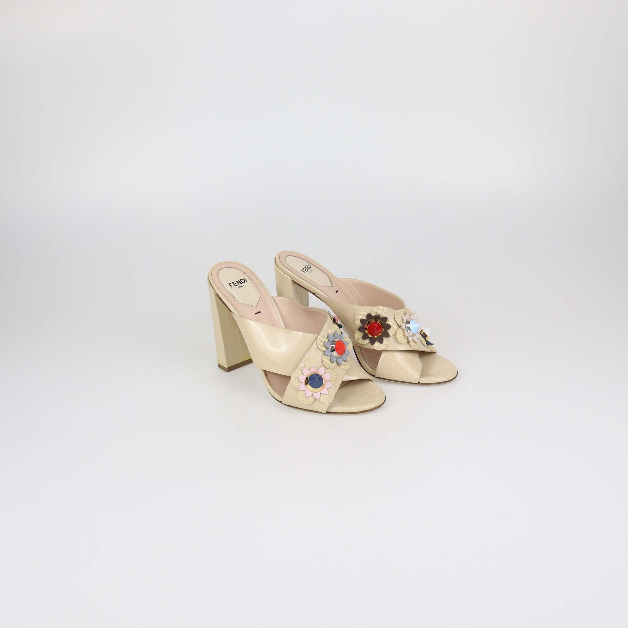 Fendi Beige Patent Leather Flowerland Mule Sandals