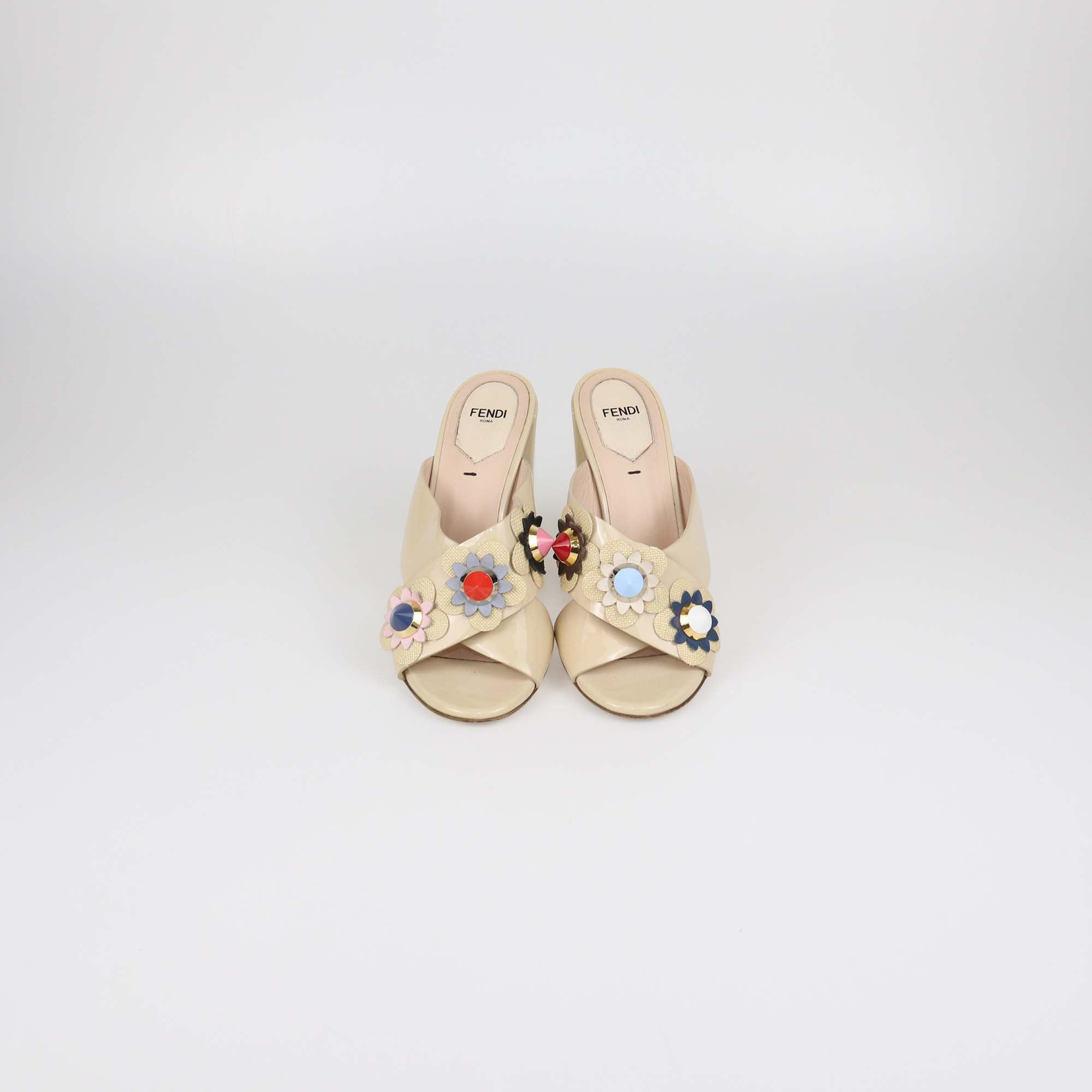 Fendi Beige Patent Leather Flowerland Mule Sandals