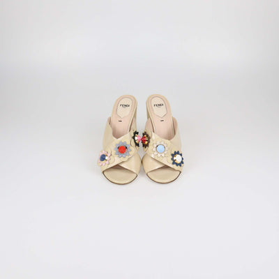 Fendi Beige Patent Leather Flowerland Mule Sandals