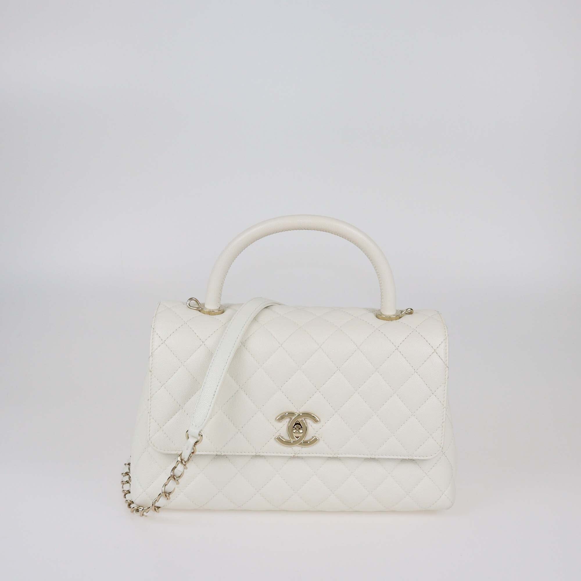 Chanel White Quilted Caviar Medium Coco Top Handle Bag Womens Chanel 