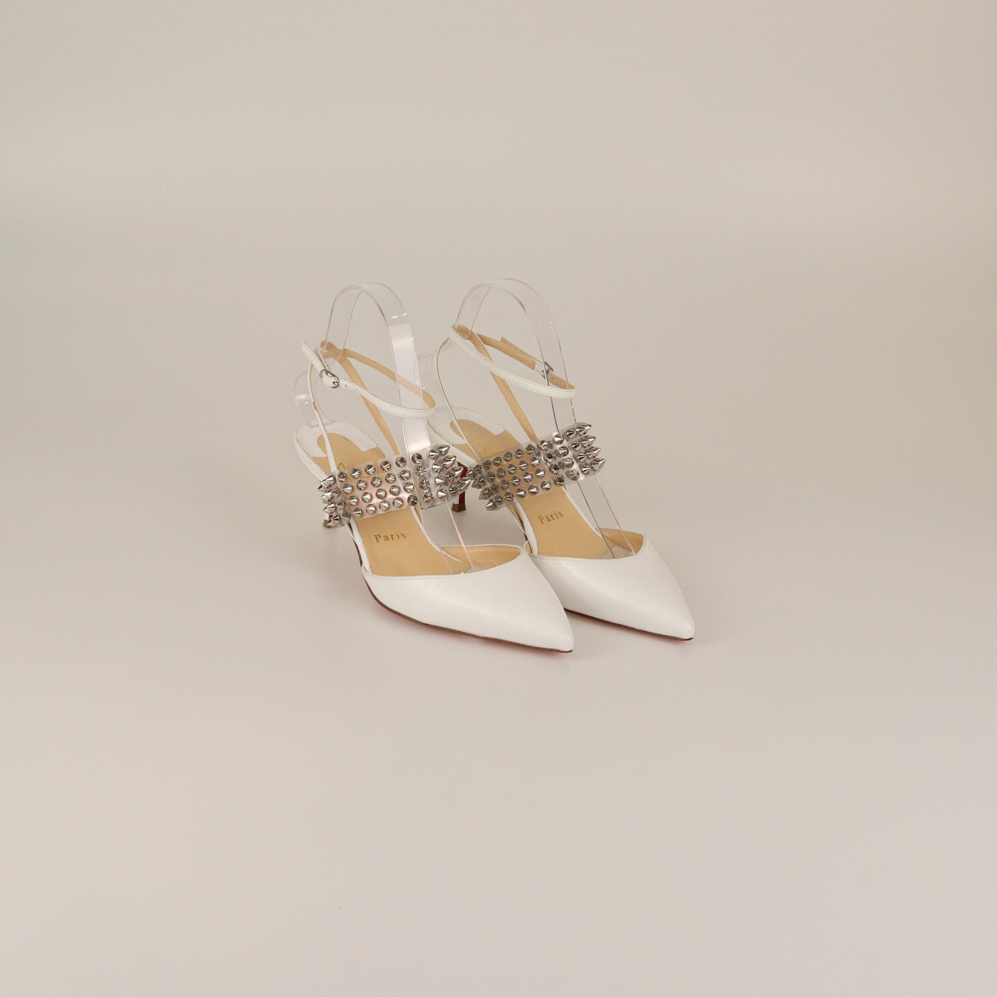 Christian Louboutin White Lizard Embossed Levita Spiked Ankle Wrap Pumps Womens Christian Louboutin 