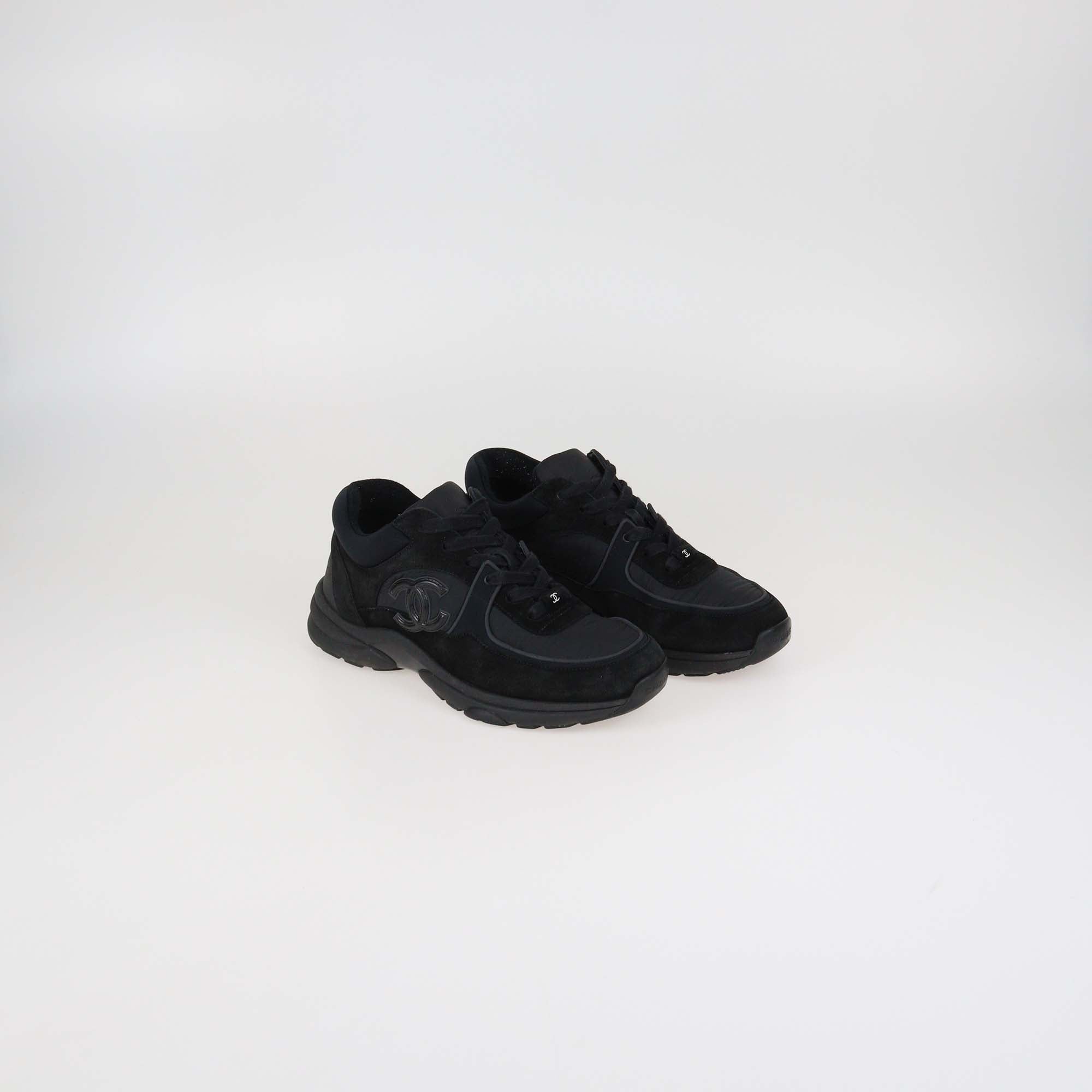 Chanel Black Nylon Suede CC Trainer Sneakers