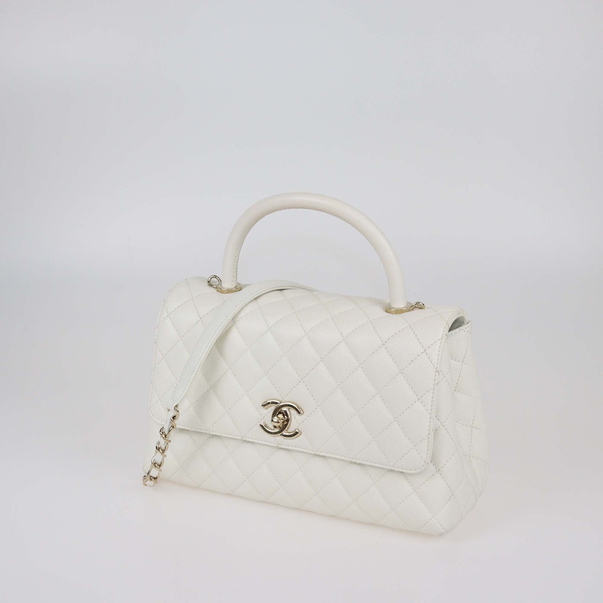 Chanel White Quilted Caviar Medium Coco Top Handle Bag Womens Chanel 