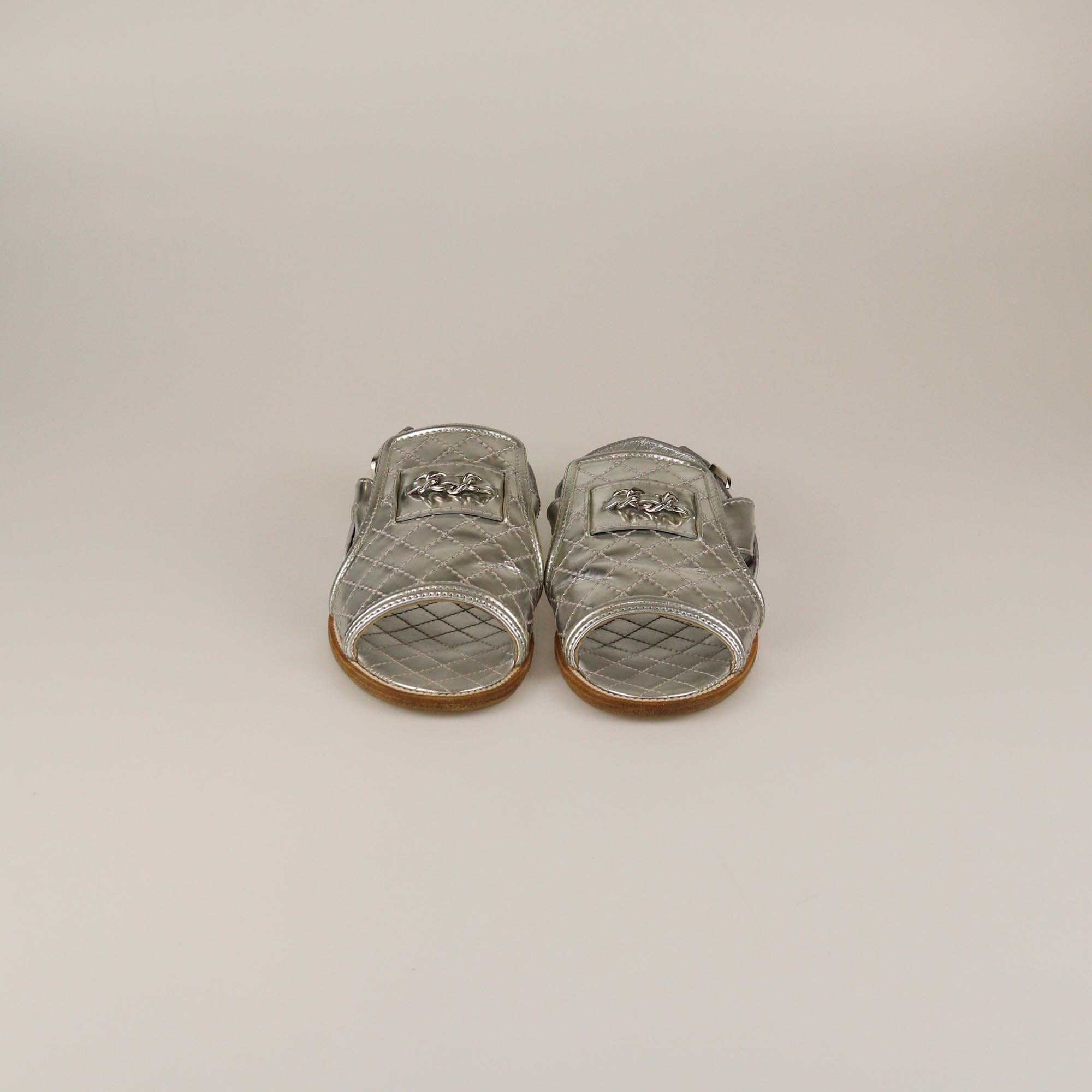 Chanel Silver Quilted Chain Back Strap Flat Sandals Womens Chanel 