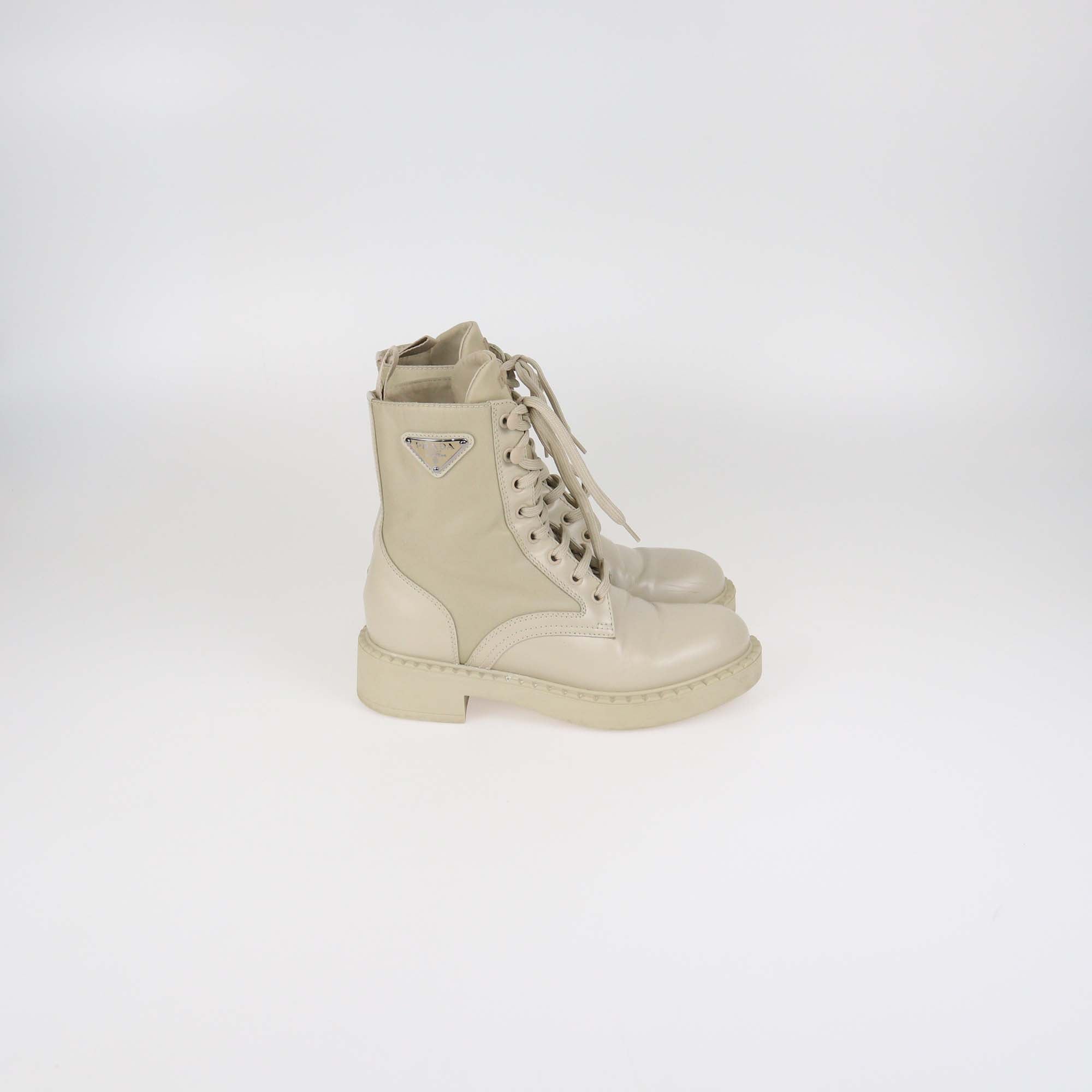 Prada Beige Enamel Triangle Logo Leather & Re-Nylon Combat Boots