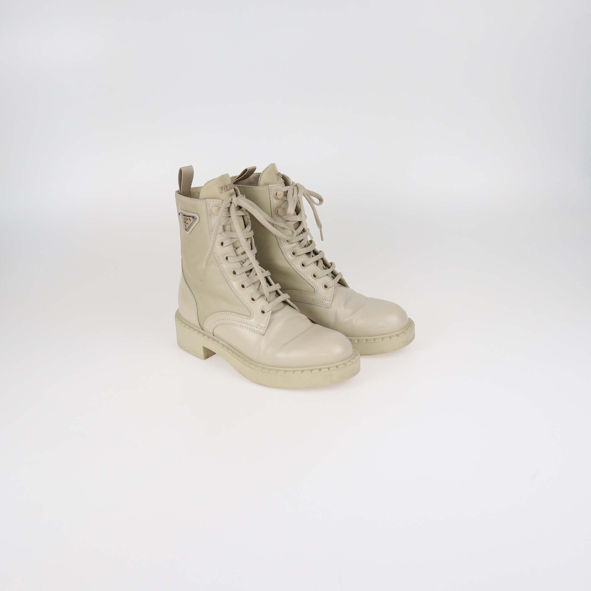 Prada Beige Enamel Triangle Logo Leather & Re-Nylon Combat Boots
