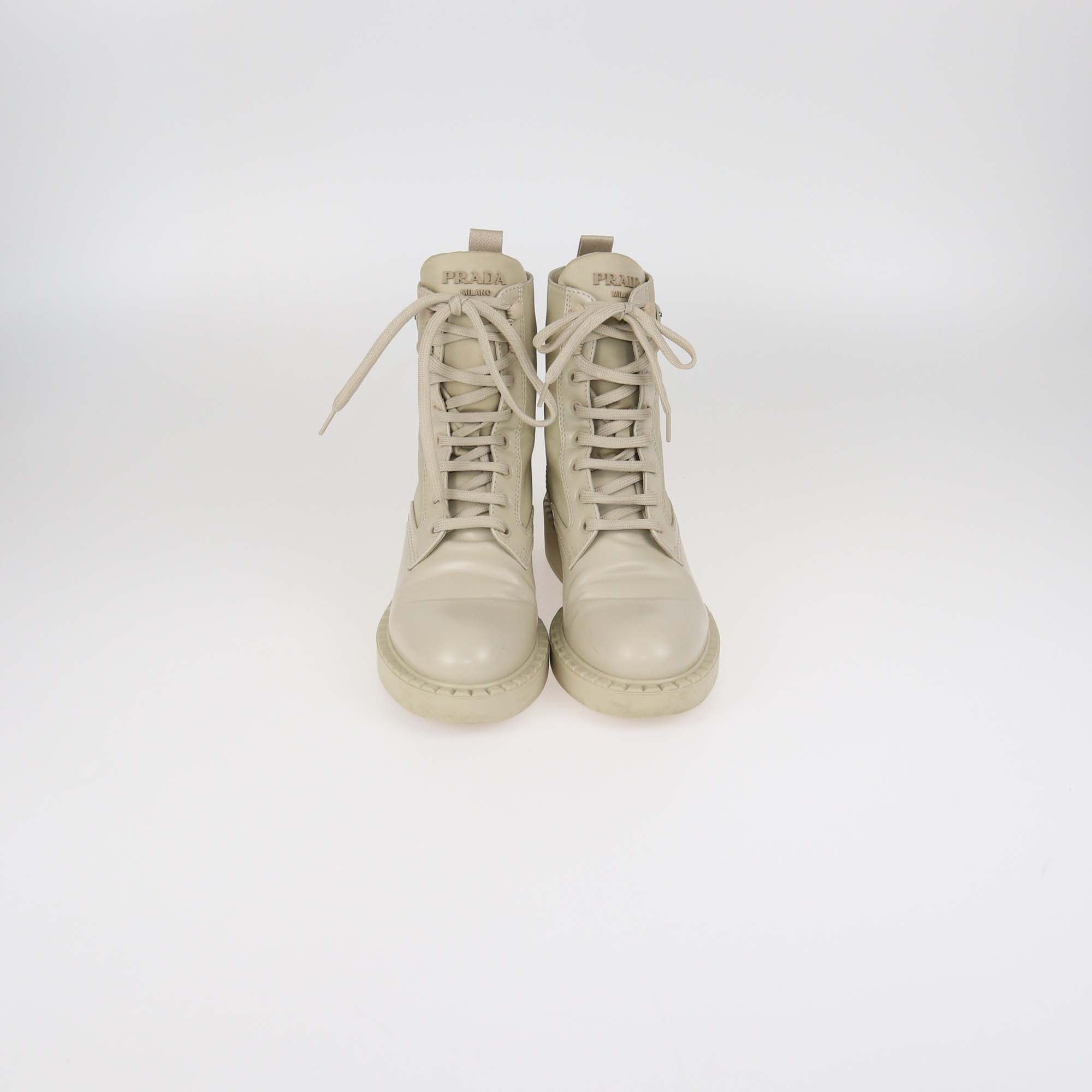Prada Beige Enamel Triangle Logo Leather & Re-Nylon Combat Boots