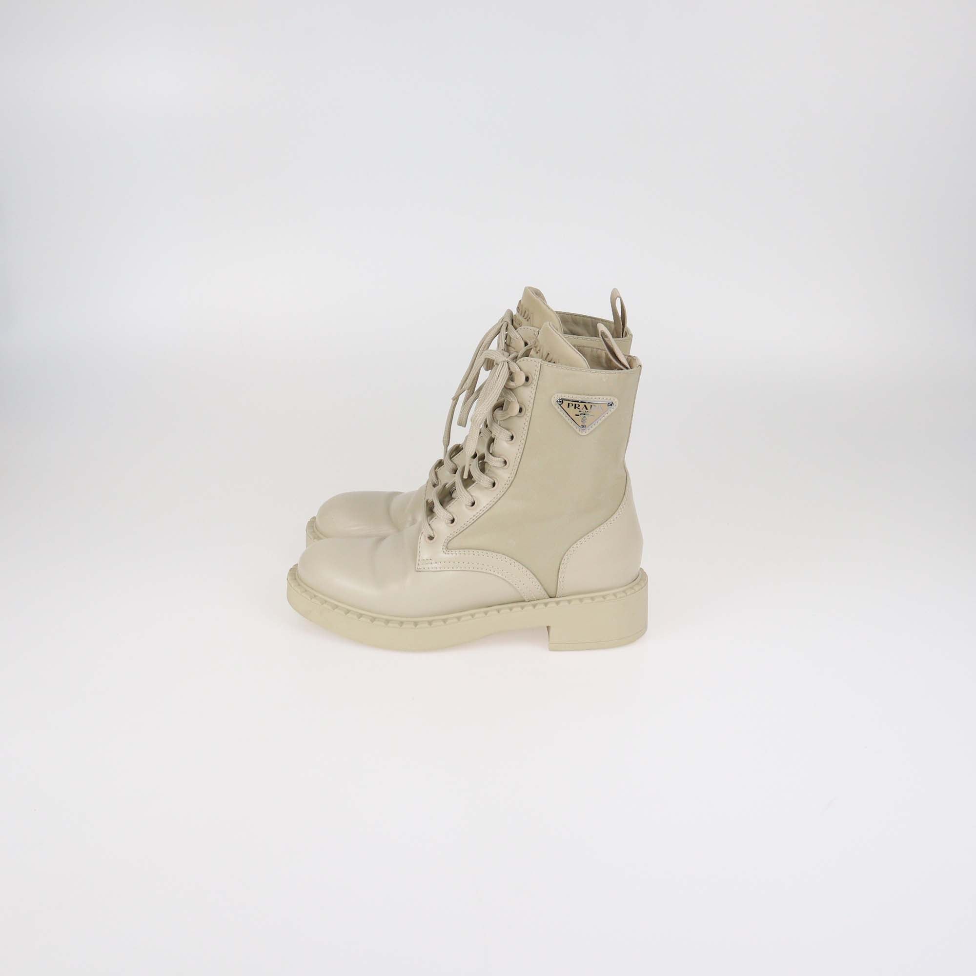Prada Beige Enamel Triangle Logo Leather & Re-Nylon Combat Boots