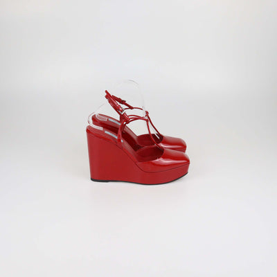 Prada Red Patent Leather T-Strap Wedge Pumps