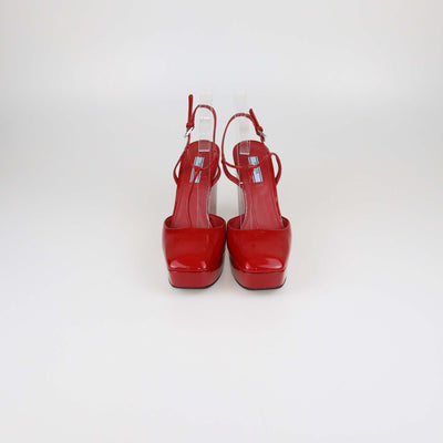 Prada Red Patent Leather T-Strap Wedge Pumps