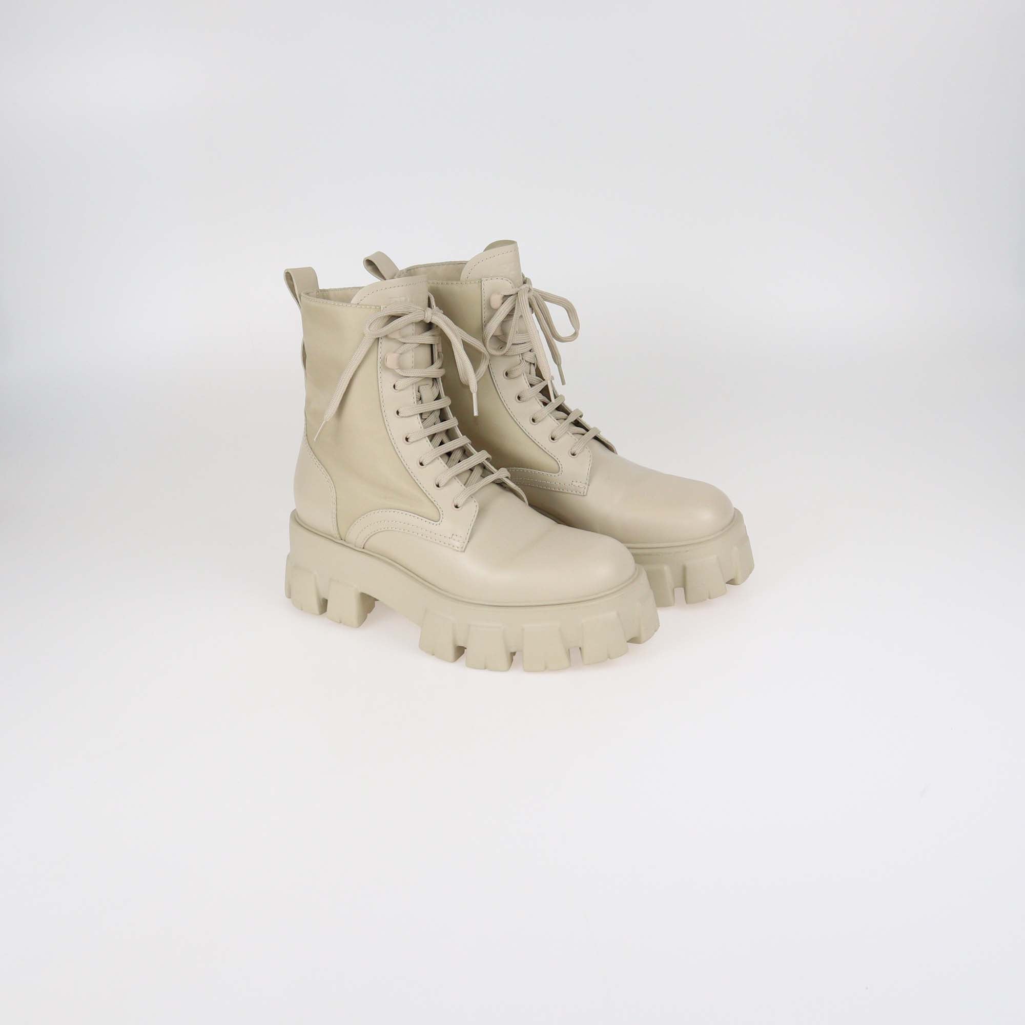 Prada Beige Leather and Nylon Monolith Combat Boots