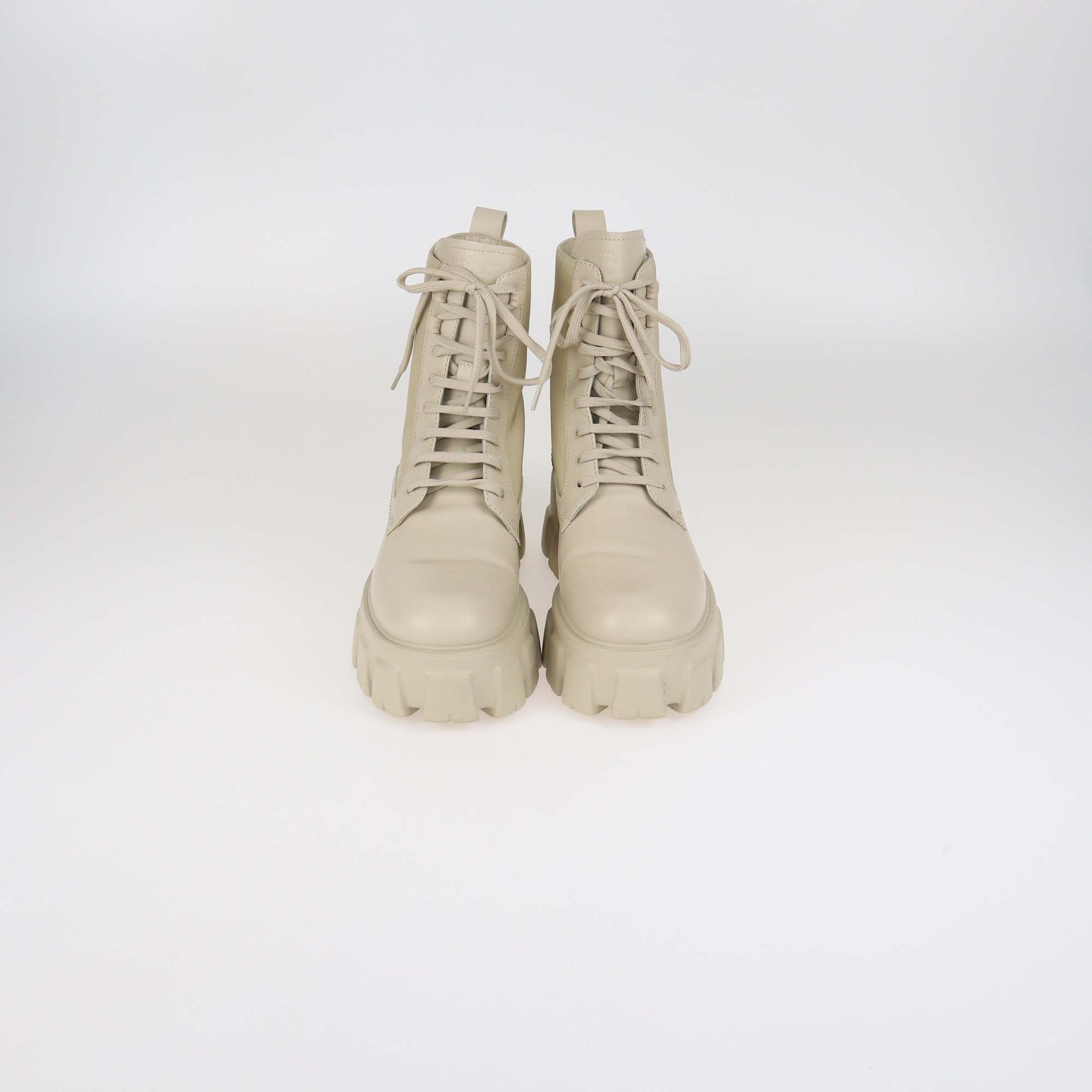 Prada Beige Leather and Nylon Monolith Combat Boots