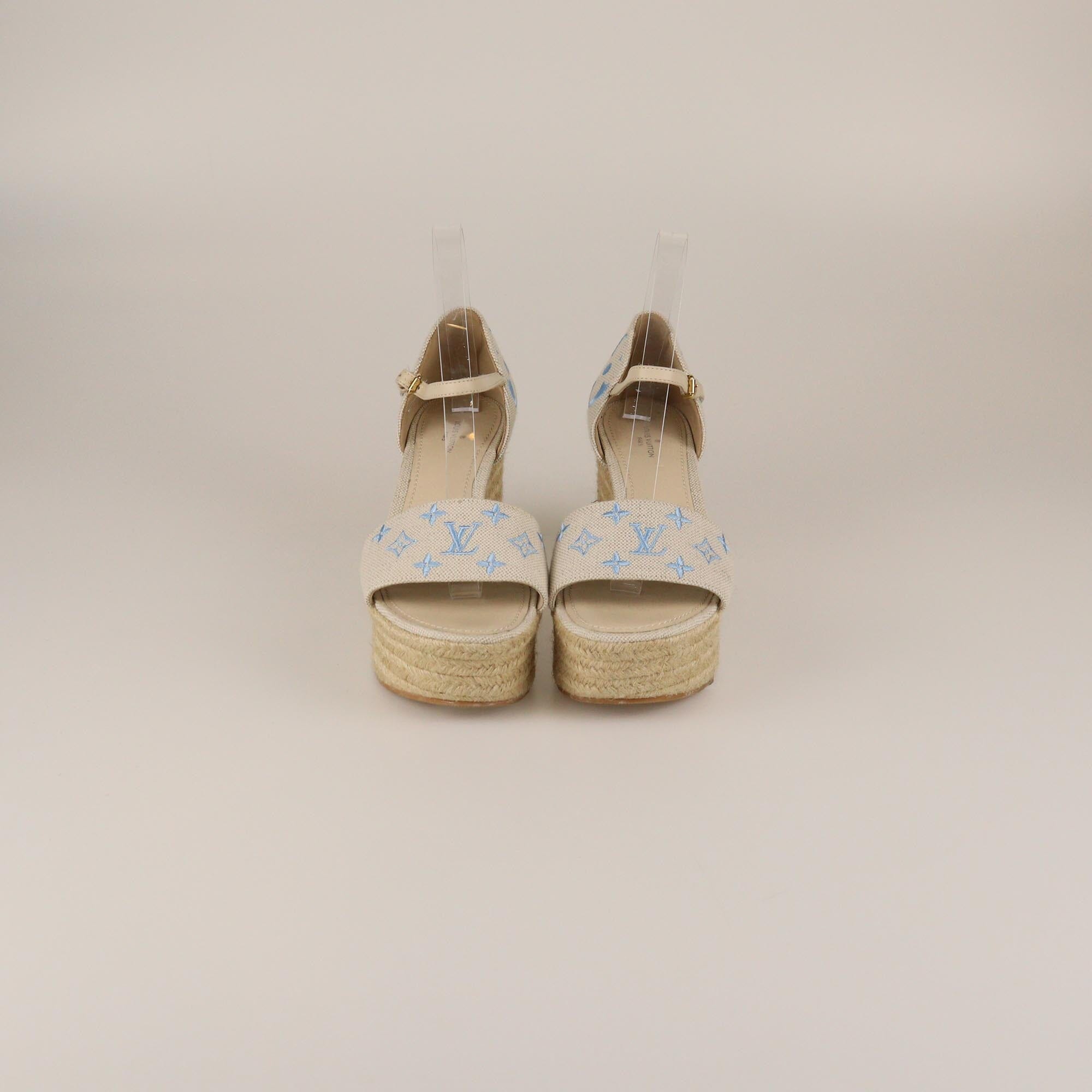 Louis Vuitton Light Beige Monogram Starboard Espadrille Wedge Sandals Womens Louis Vuitton 