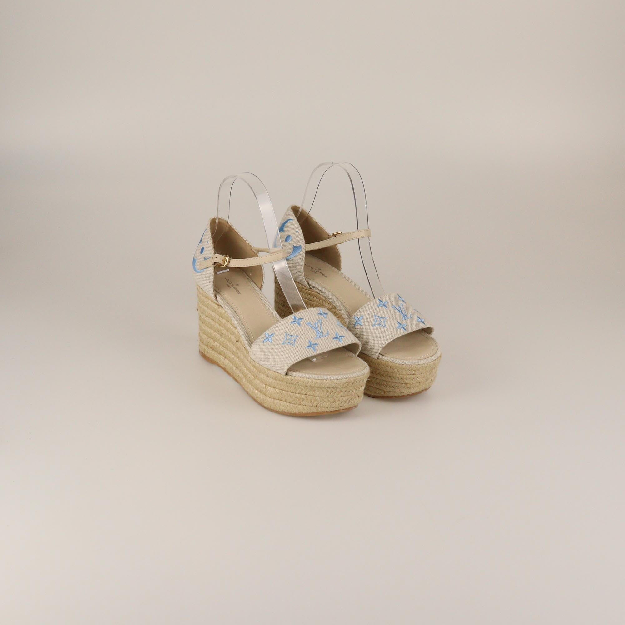 Louis Vuitton Light Beige Monogram Starboard Espadrille Wedge Sandals Womens Louis Vuitton 