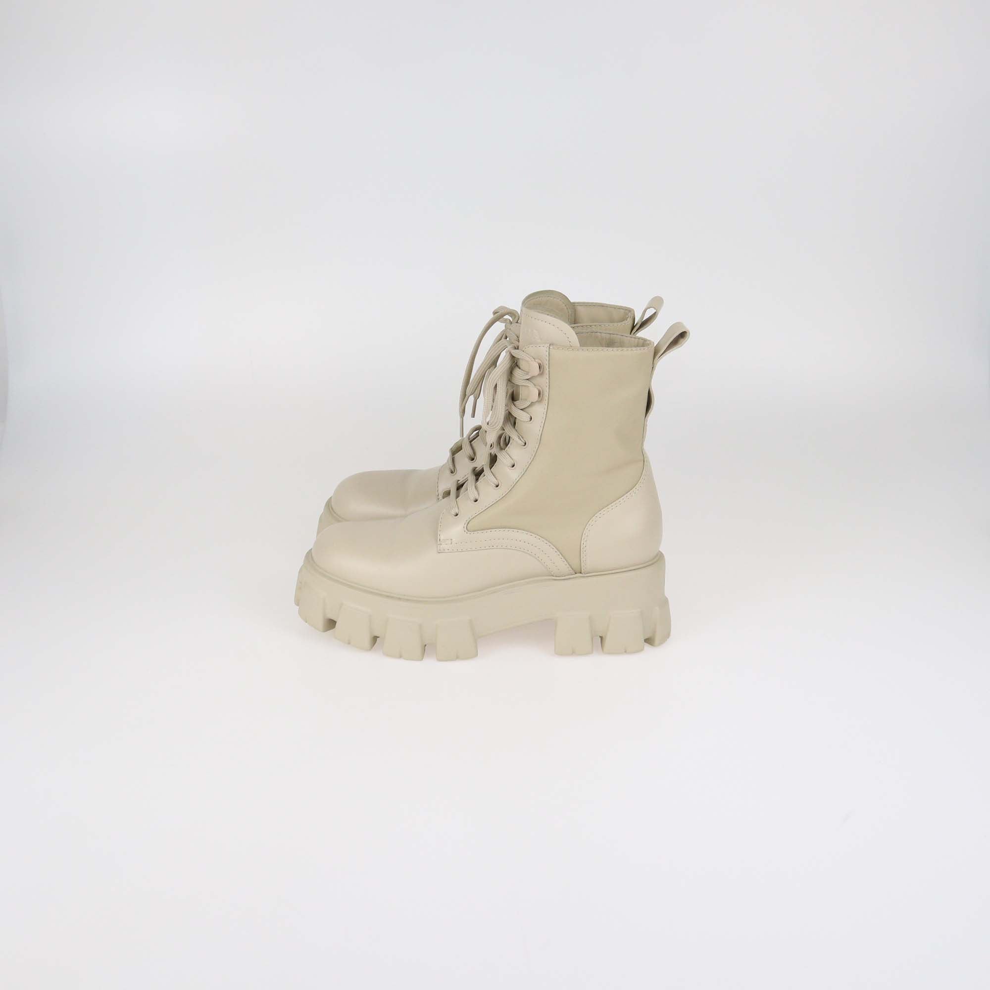 Prada Beige Leather and Nylon Monolith Combat Boots