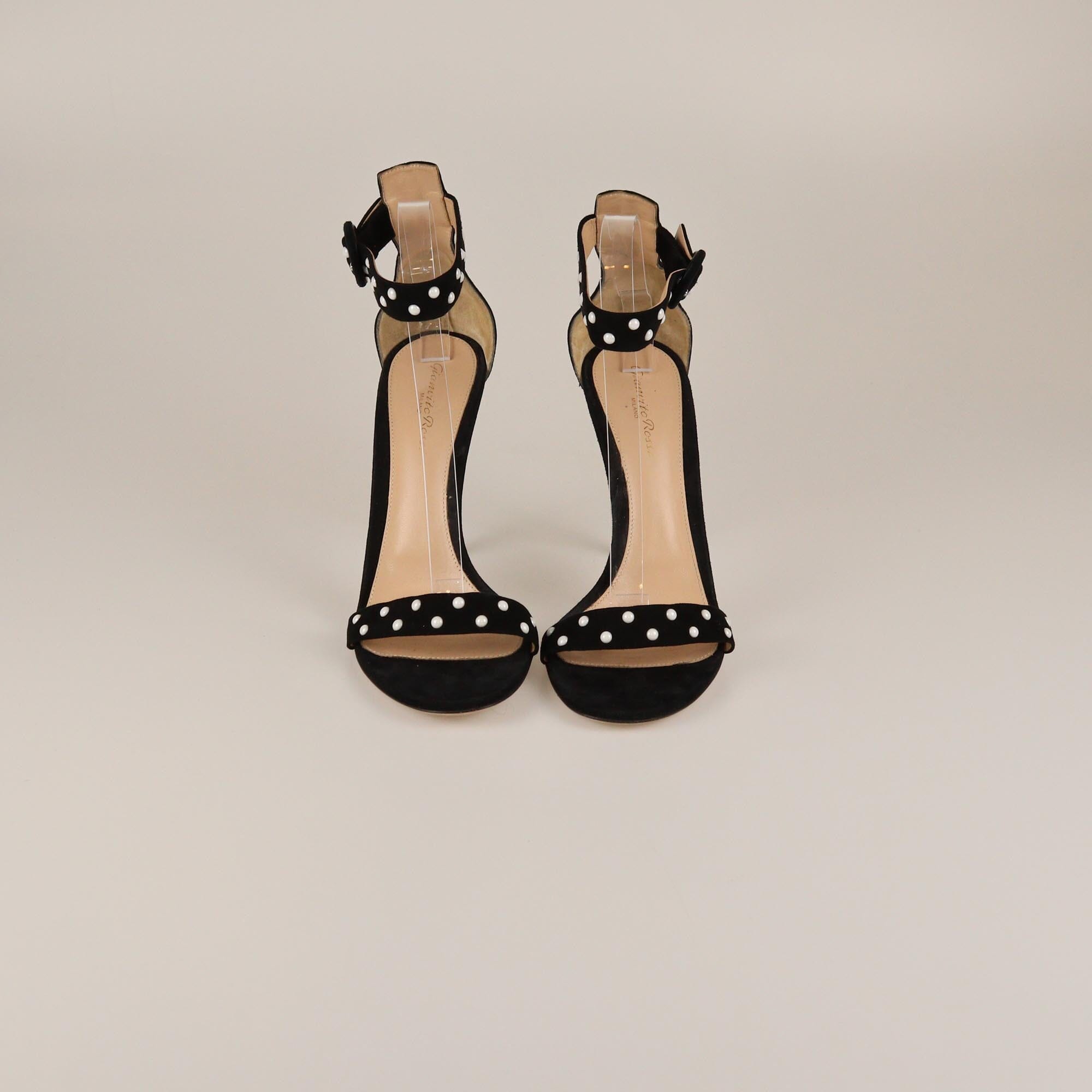 Gianvito Rossi Black/White Studded Portofino Ankle Strap Sandals Womens Gianvito Rossi 