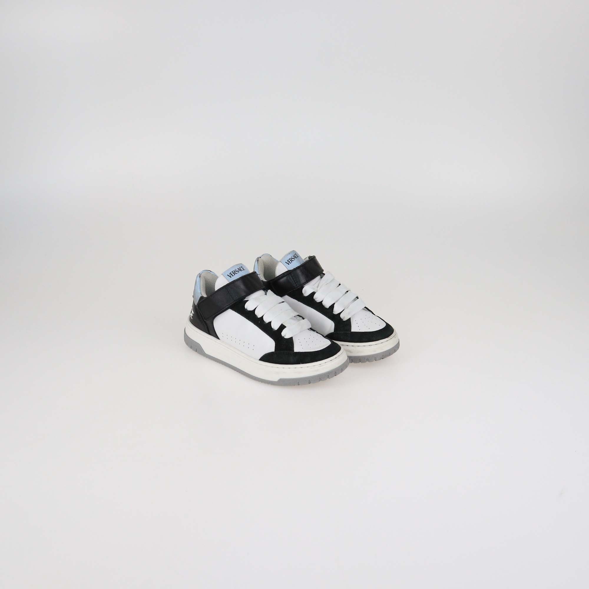 Versace Kids Black/White Leather Strap Sneakers