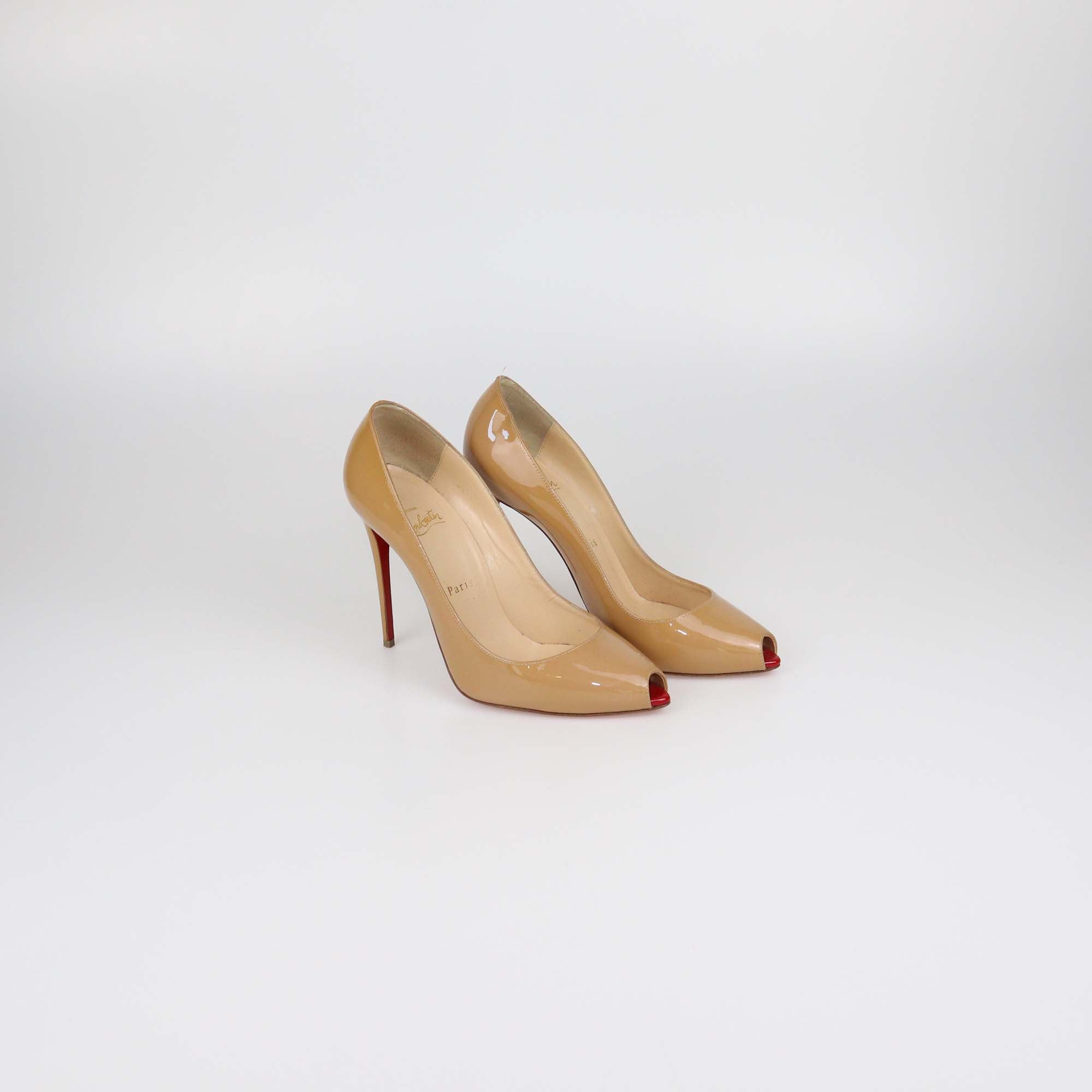 Christian Louboutin Beige Patent Leather Peep Toe Pumps