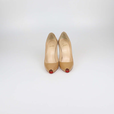 Christian Louboutin Beige Patent Leather Peep Toe Pumps