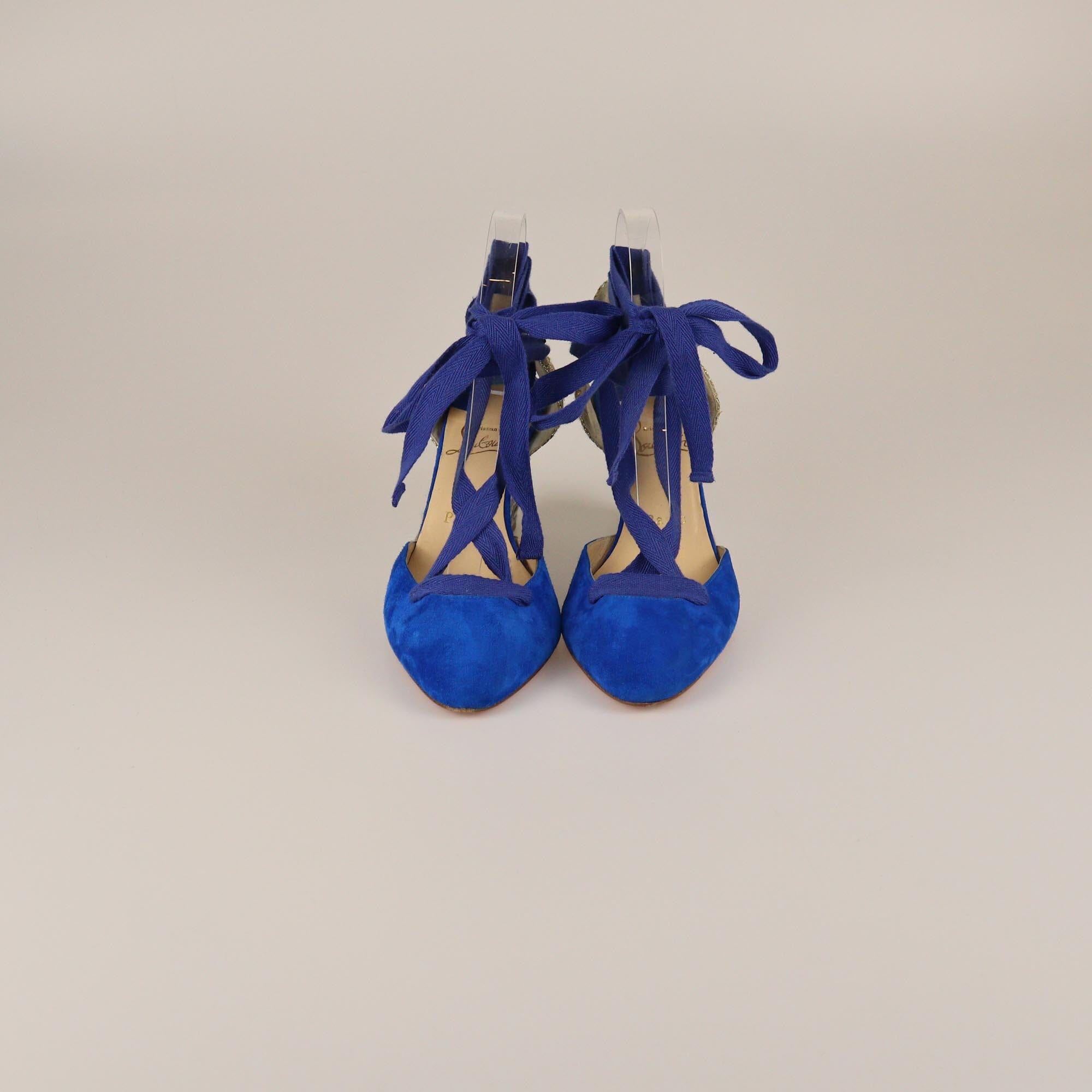 Christian Louboutin Blue/Gold Raffia Wedge Tie Pumps Womens Christian Louboutin 