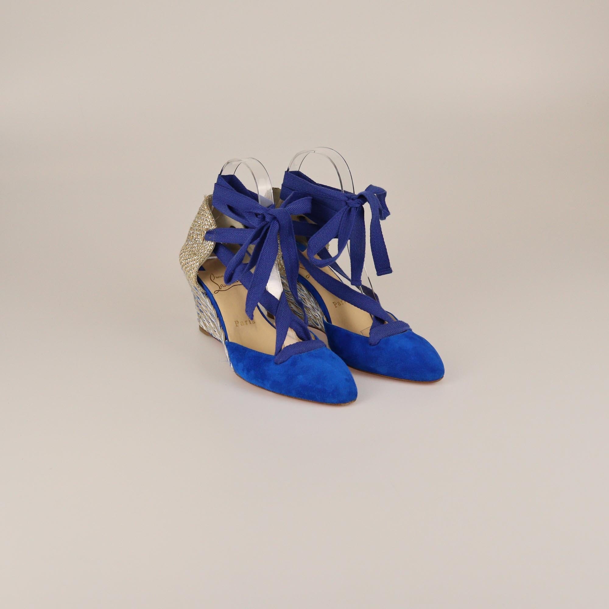 Christian Louboutin Blue/Gold Raffia Wedge Tie Pumps Womens Christian Louboutin 