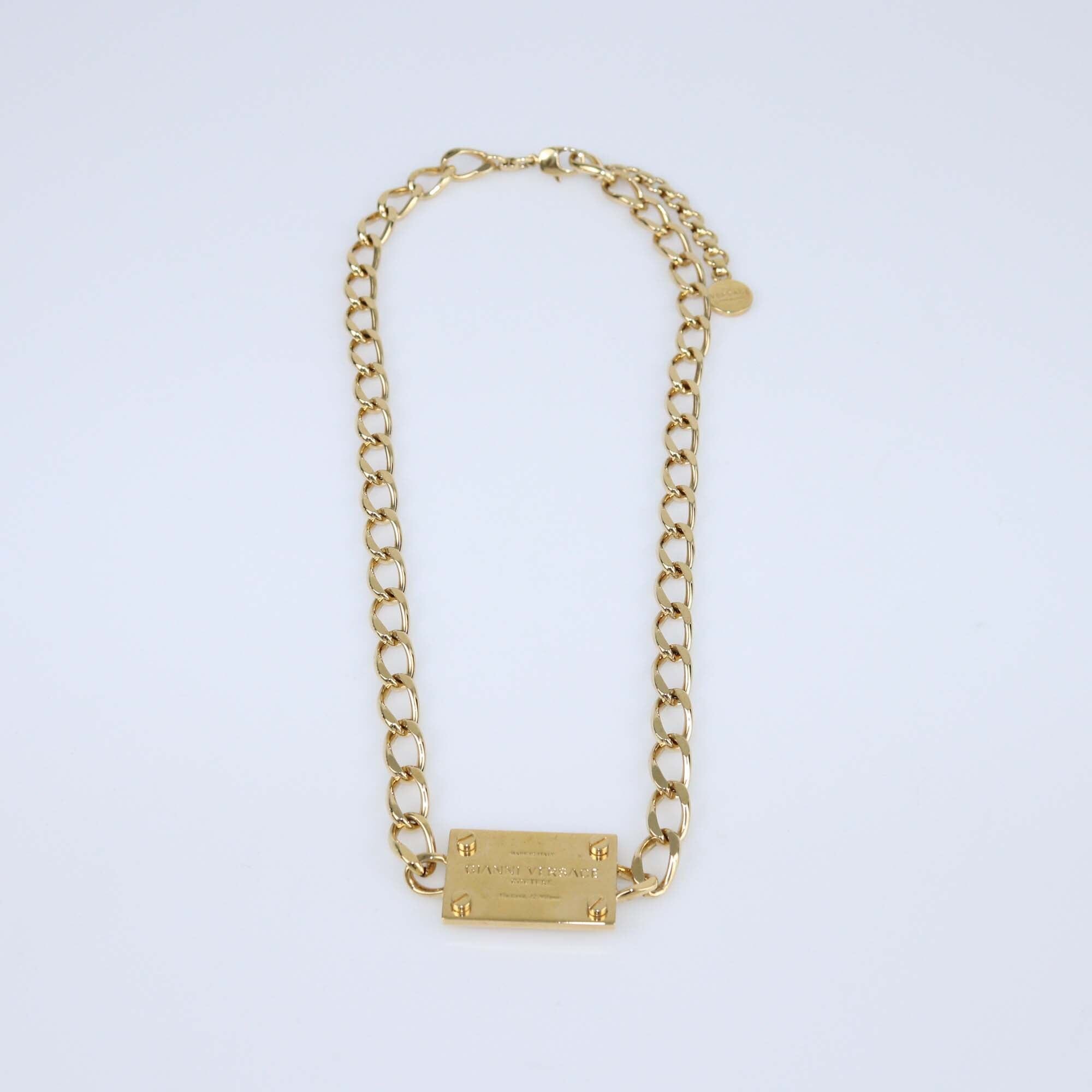 Versace Gold Metal Tone Plaque Chain Links Necklace Womens Versace 