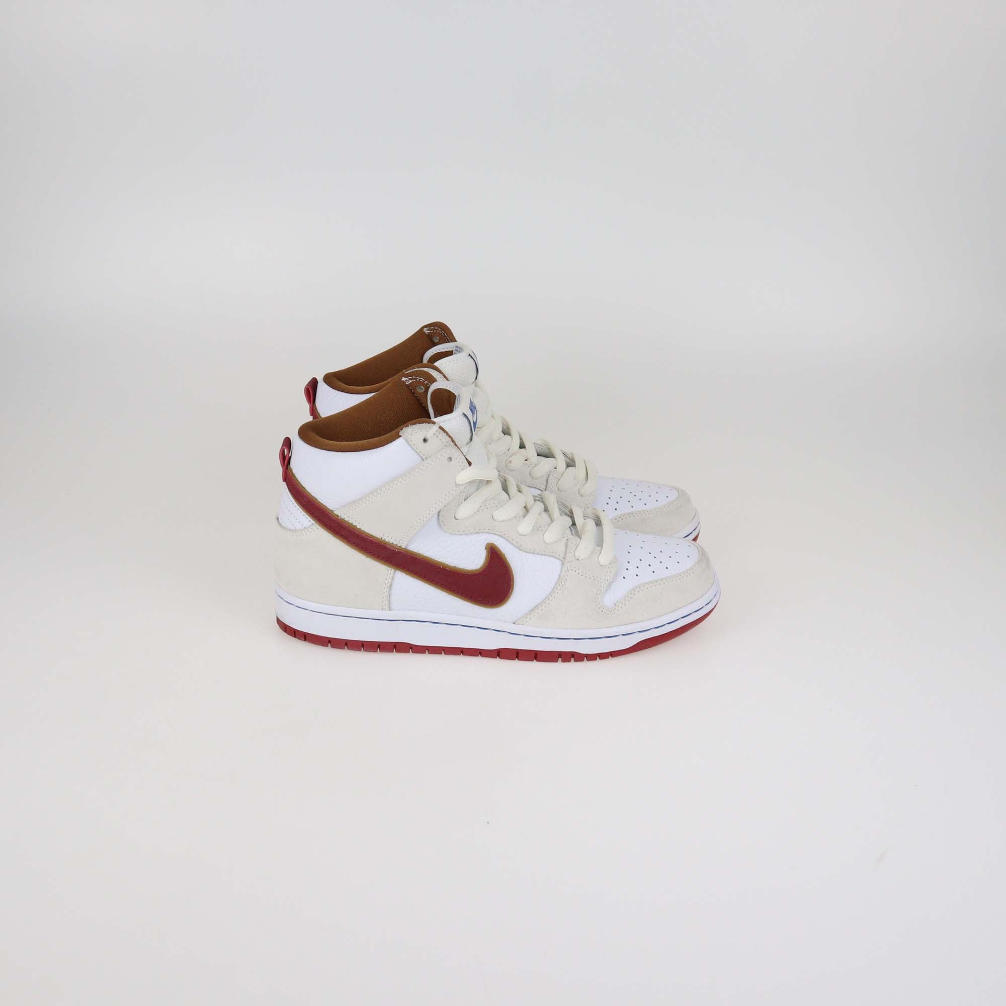 Nike SB Sail Bright Crimson Suede and Leather Dunk High Top Sneakers