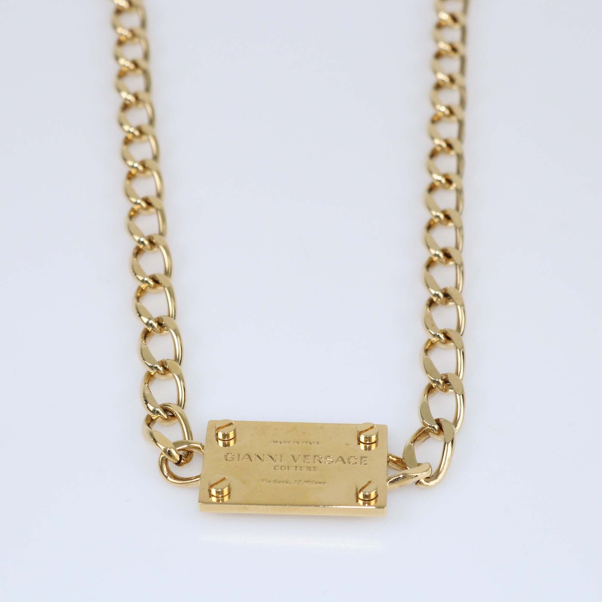 Versace Gold Metal Tone Plaque Chain Links Necklace Womens Versace 