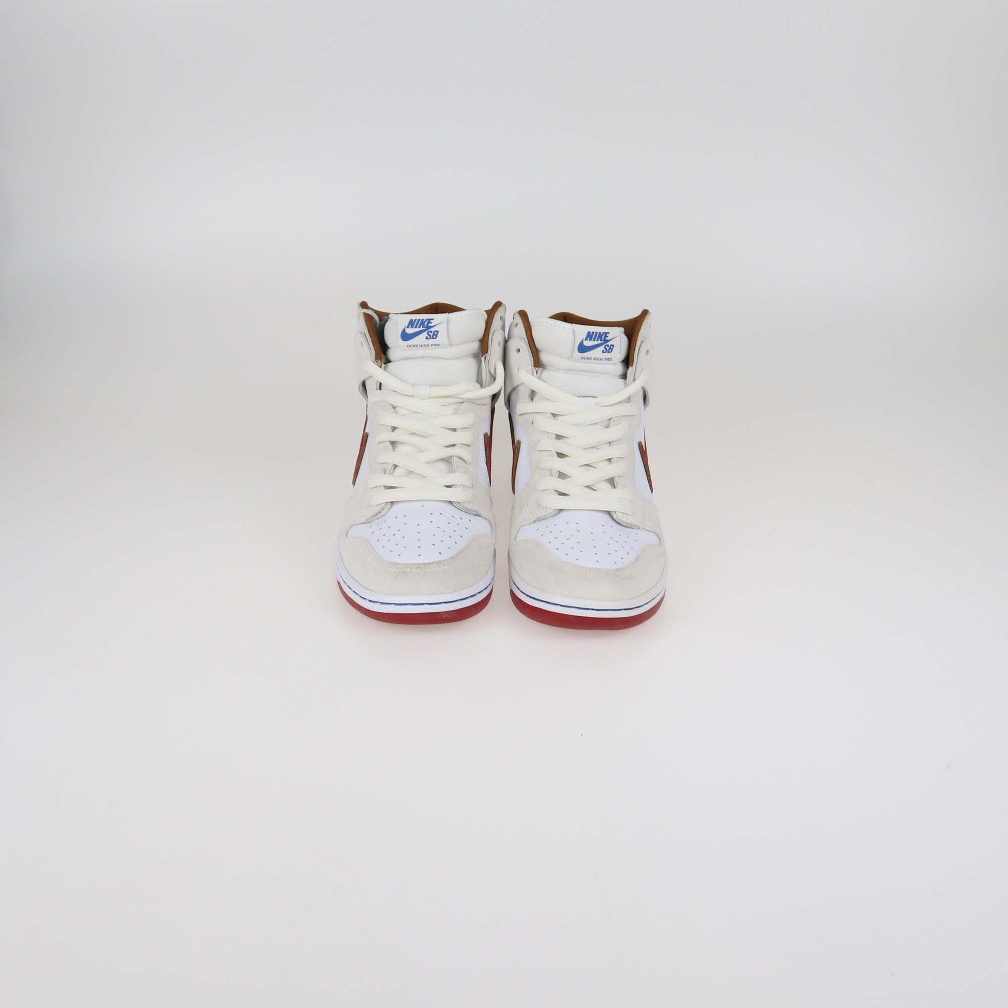 Nike SB Sail Bright Crimson Suede and Leather Dunk High Top Sneakers