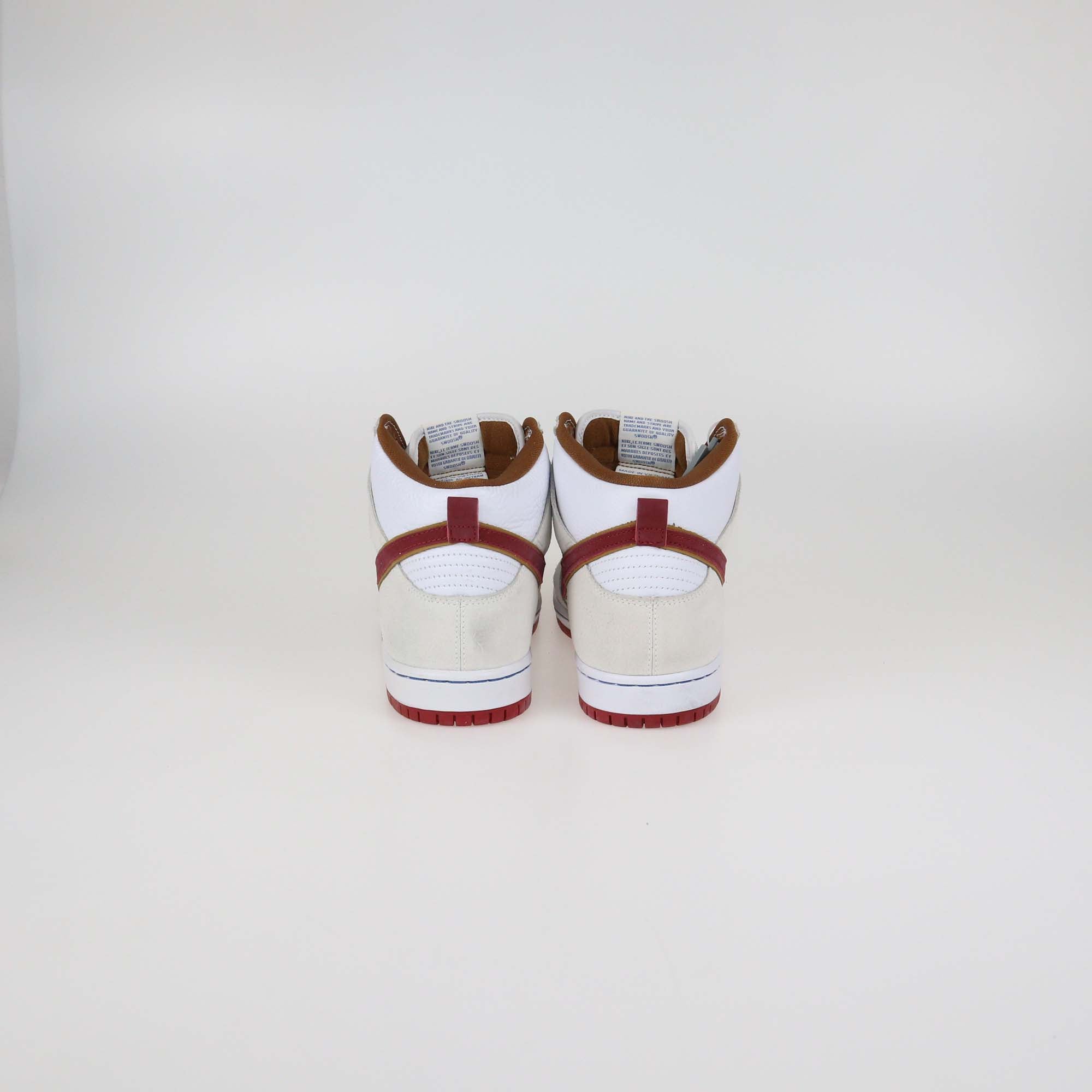 Nike SB Sail Bright Crimson Suede and Leather Dunk High Top Sneakers