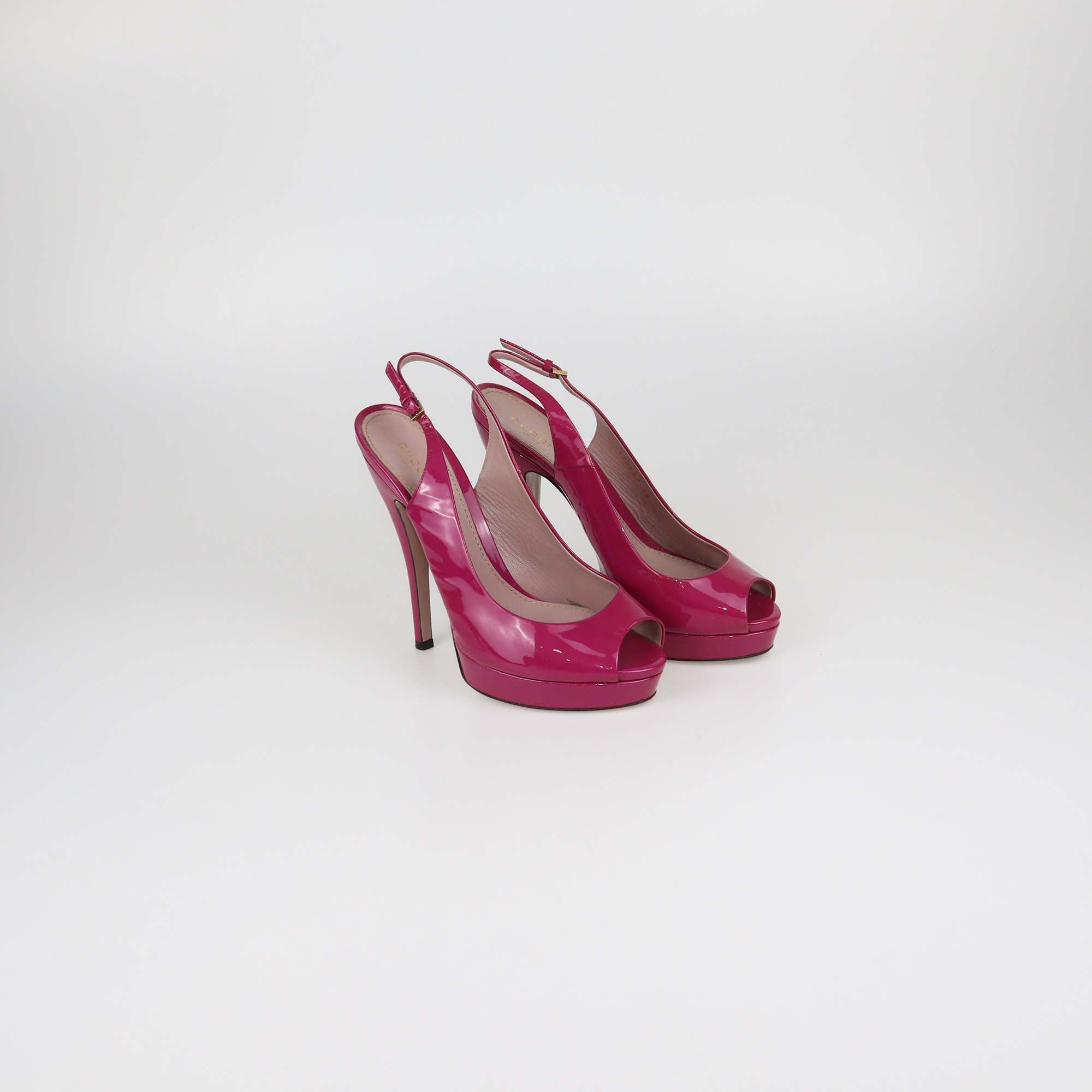 Gucci Magenta Patent Leather Peep Toe Platform Slingback Sandals