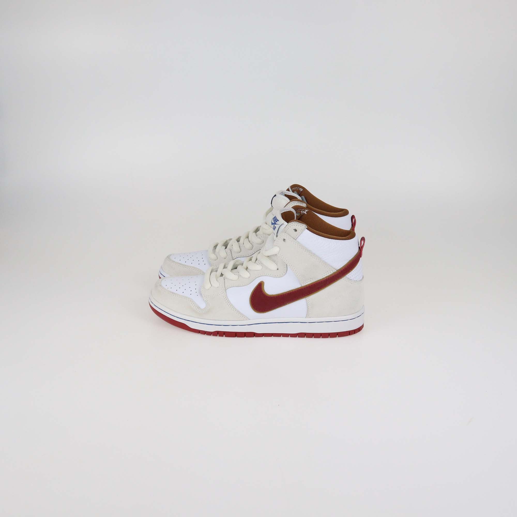 Nike SB Sail Bright Crimson Suede and Leather Dunk High Top Sneakers