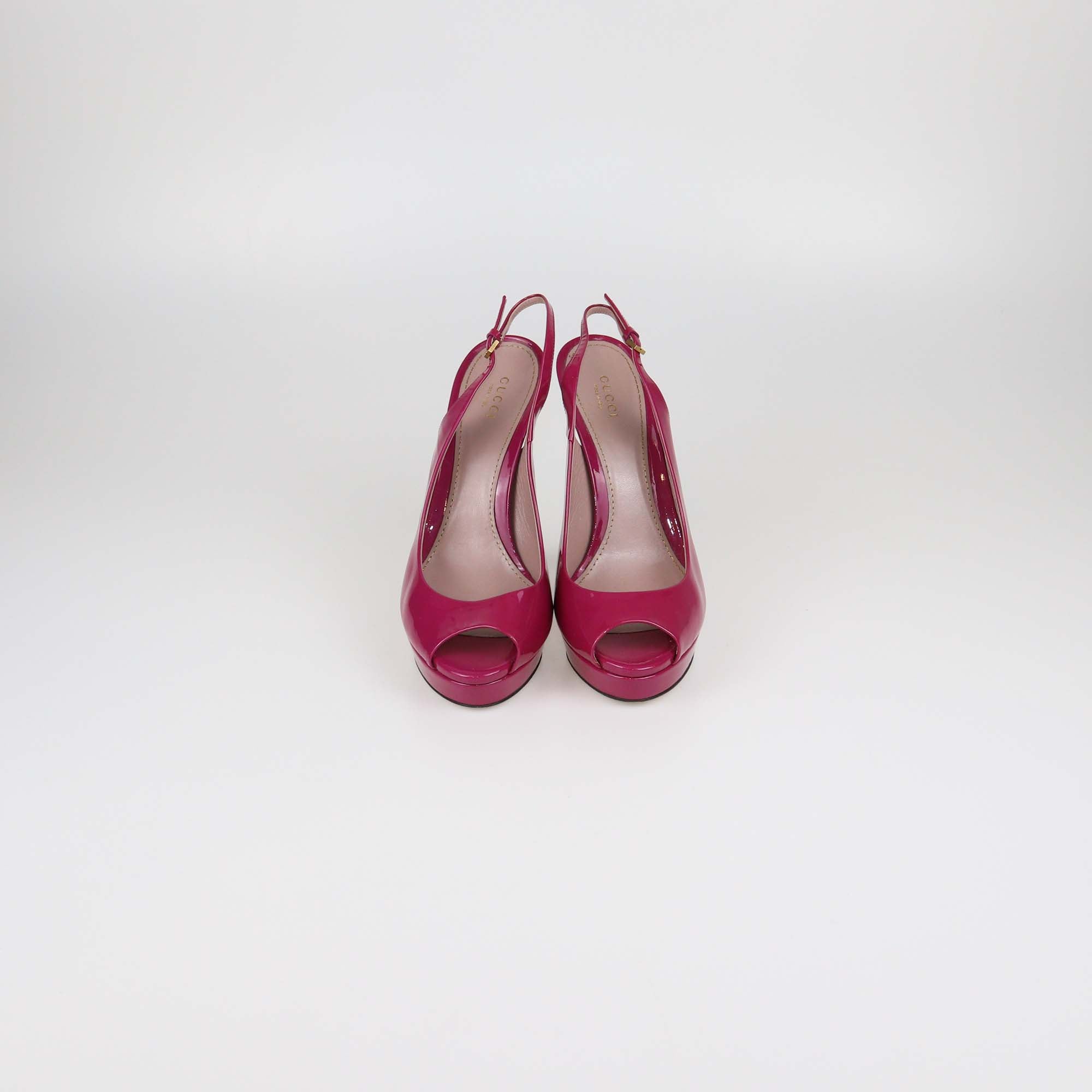 Gucci Magenta Patent Leather Peep Toe Platform Slingback Sandals