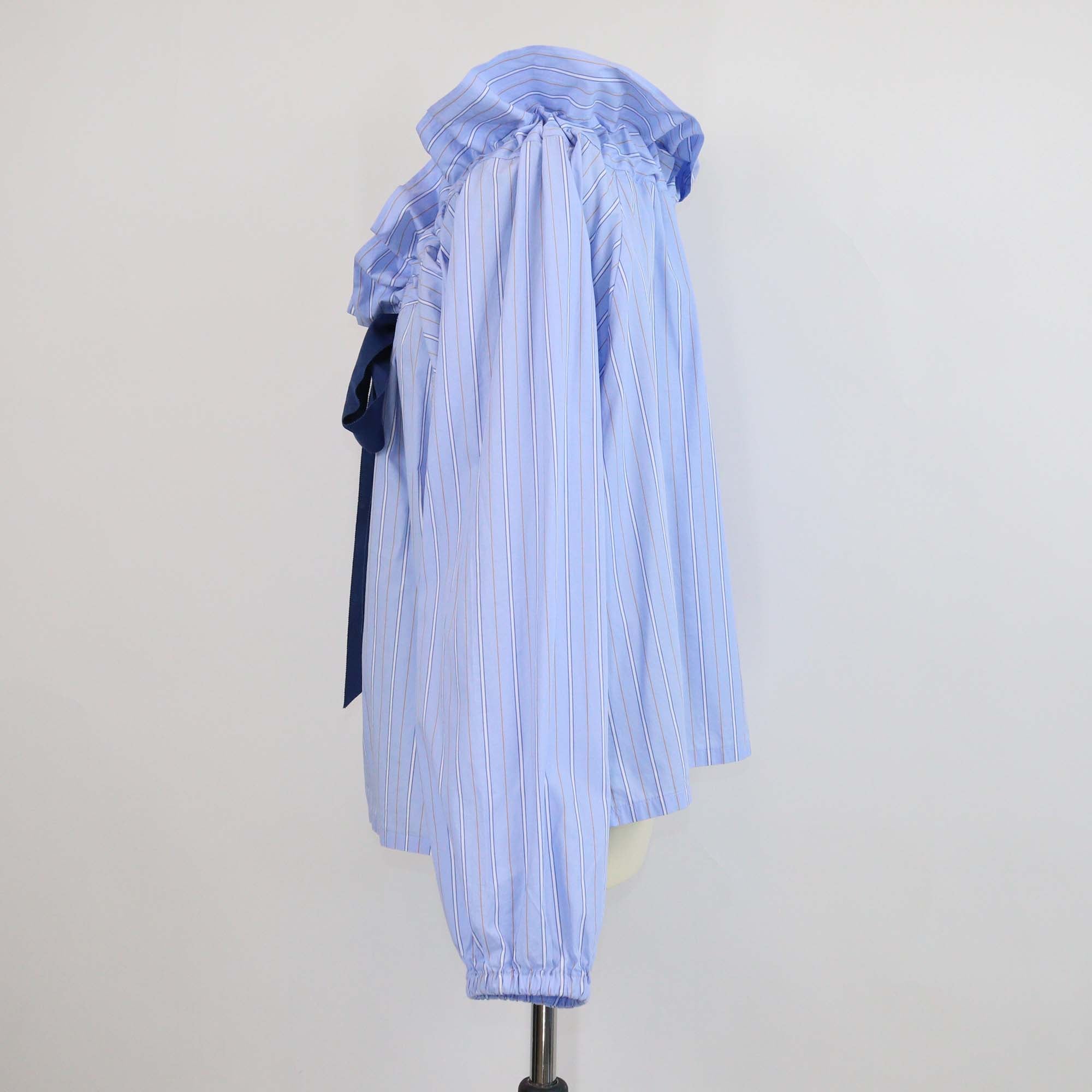 Aquarius Cocktail Blue Striped Cotton Ruffled Collar Ribbon Long Sleeve Blouse