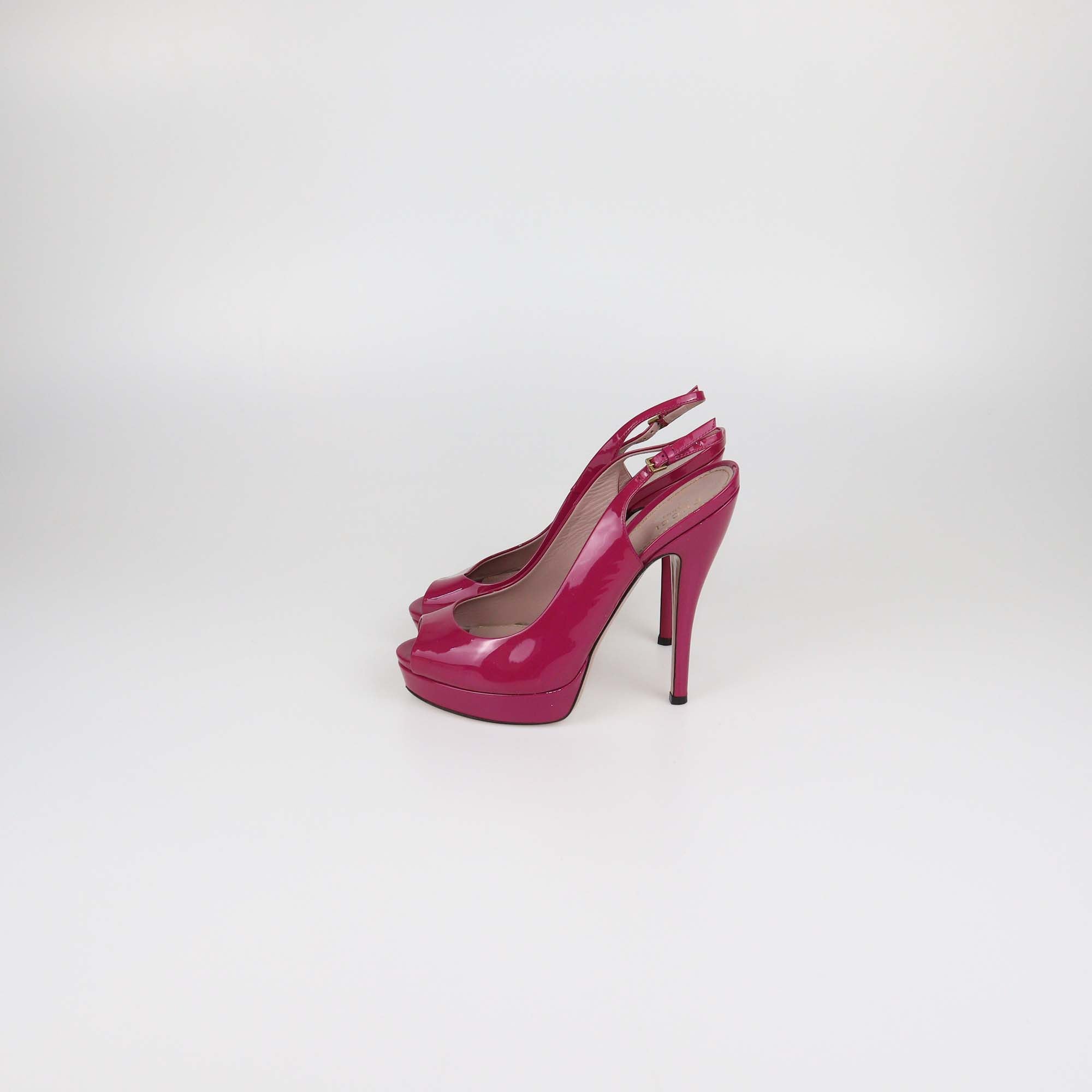 Gucci Magenta Patent Leather Peep Toe Platform Slingback Sandals