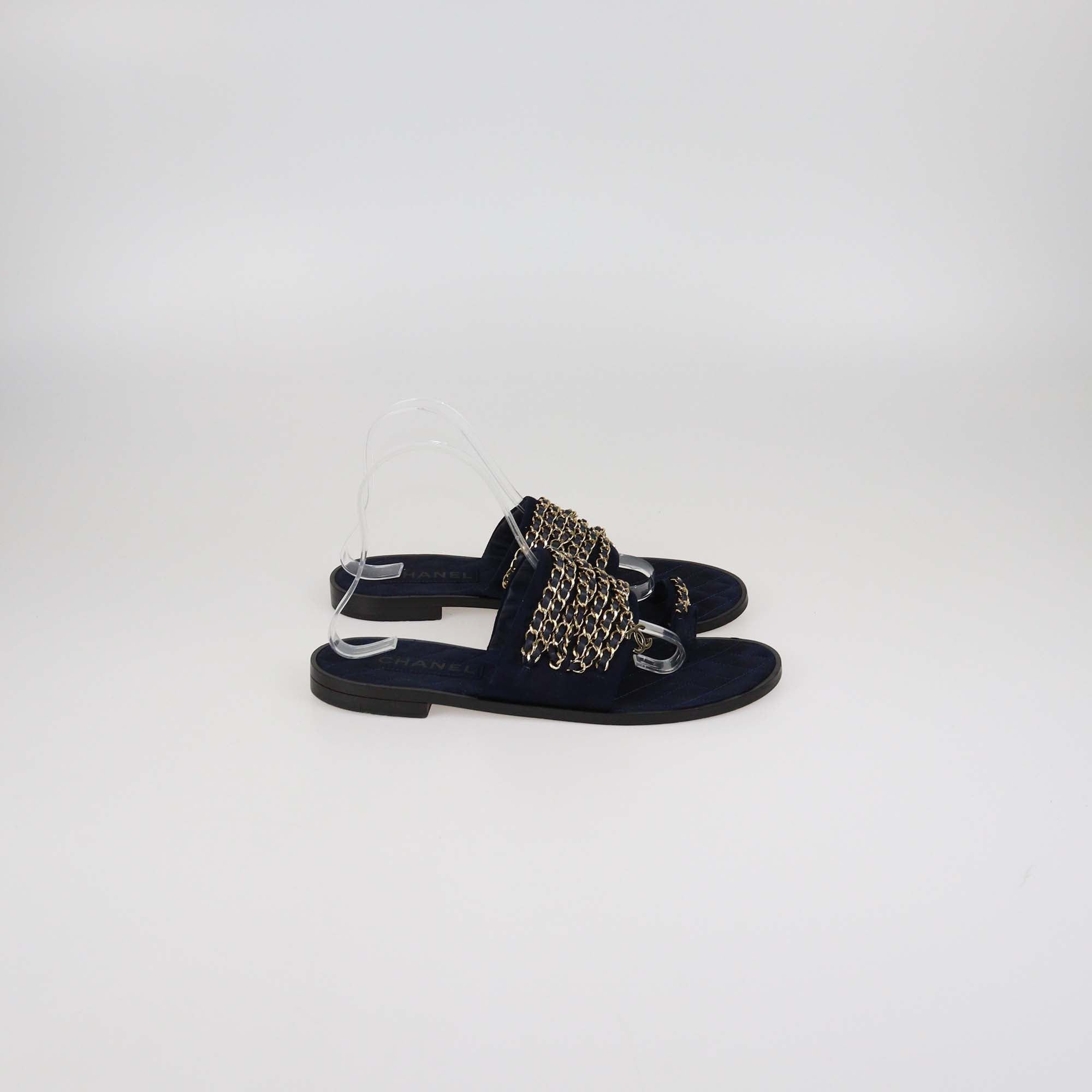 Chanel Navy Blue Suede and Leather Chain Links Flat Slides