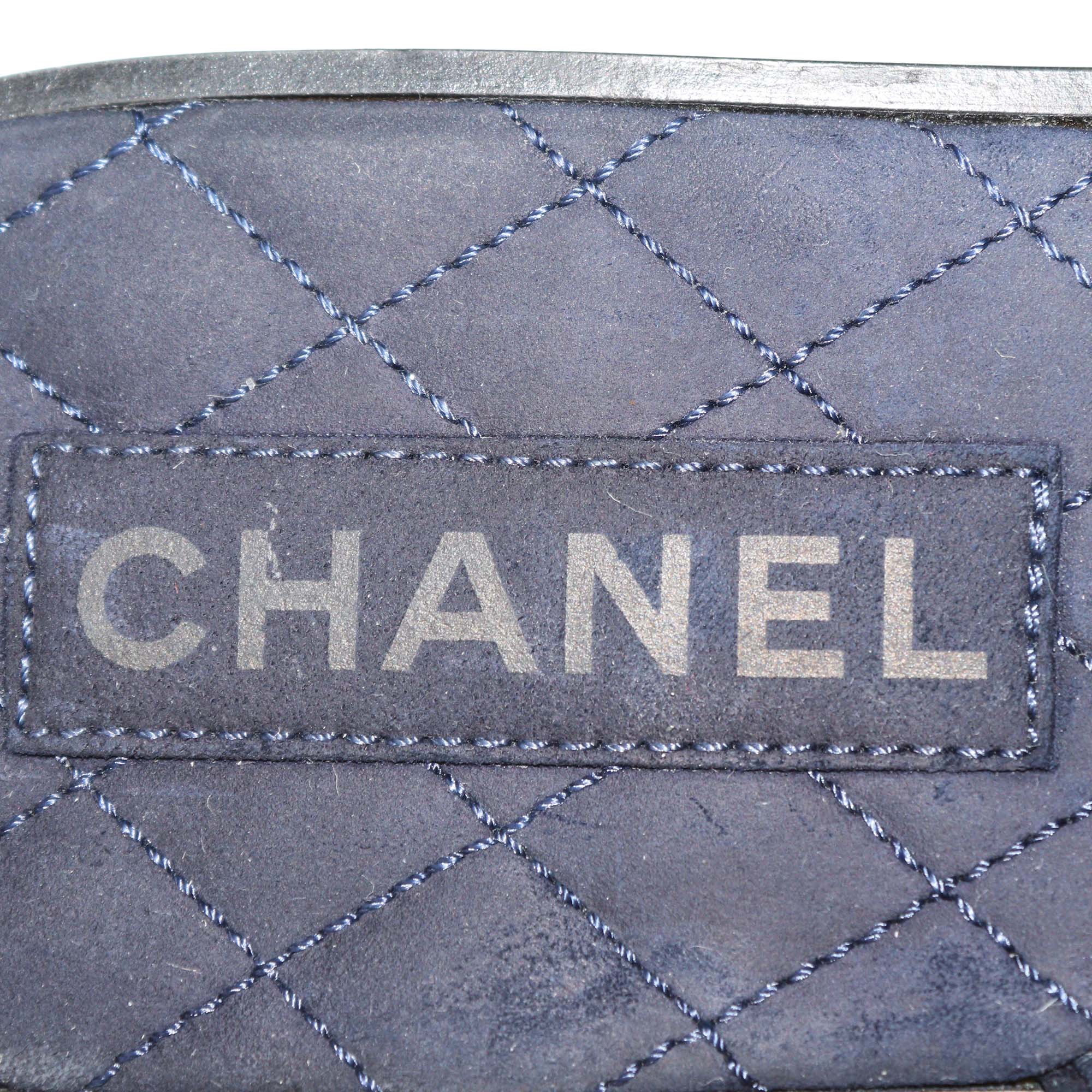 Chanel Navy Blue Suede and Leather Chain Links Flat Slides