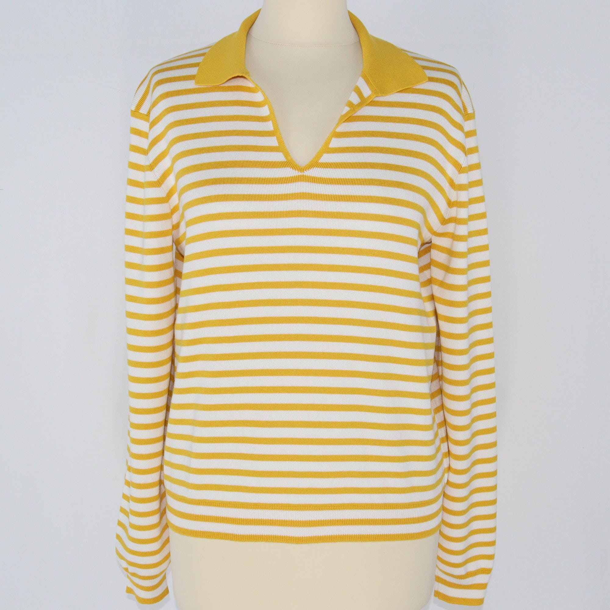 White/Yellow Stripe Sorbone Longsleeve Polo Shirt Shirts/TShirts Loro Piana 