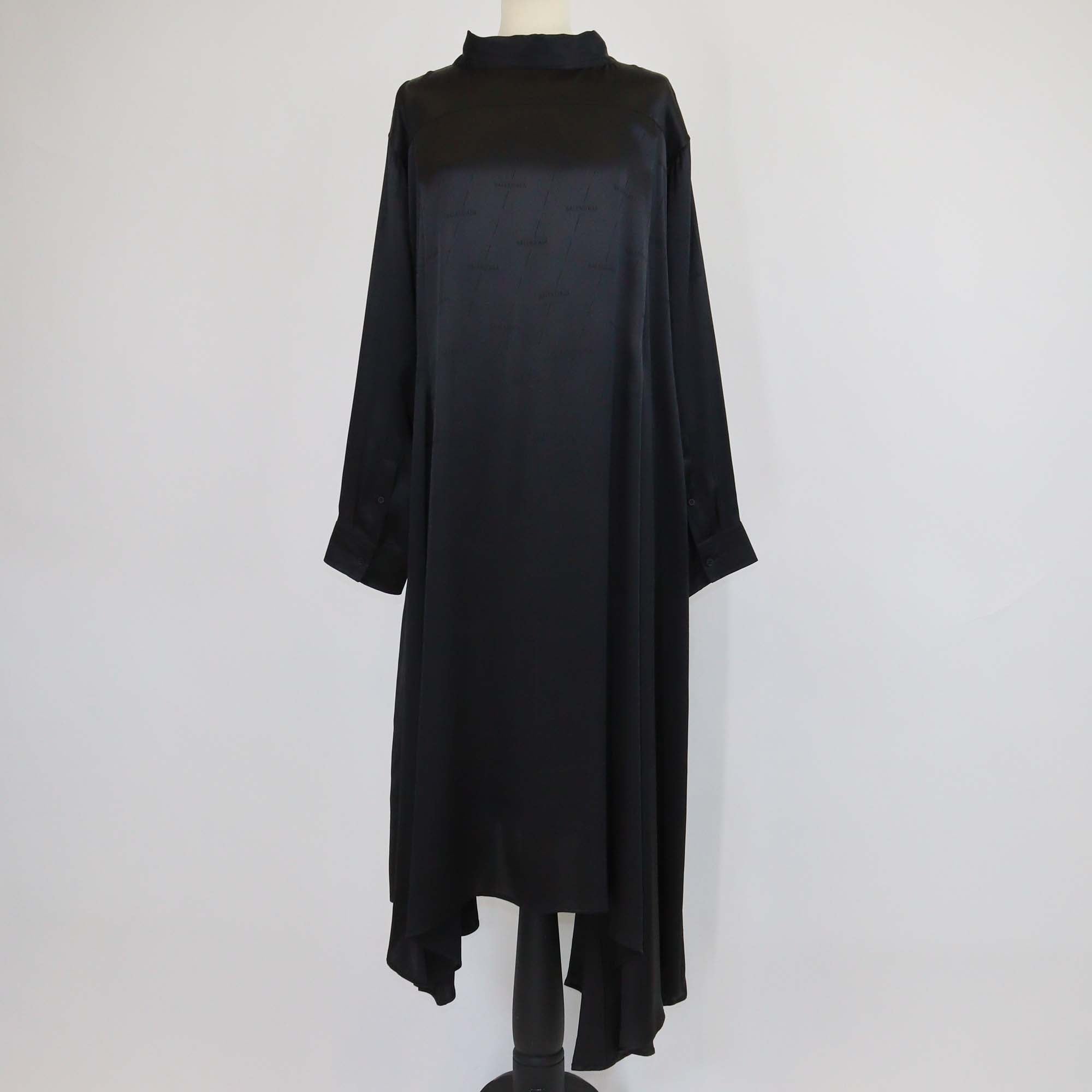 Balenciaga Black Silk Logo Jacquard Long Sleeve Maxi Dress