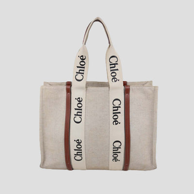 Chloe Beige/Natural Canvas and Leather Large Woody Tote