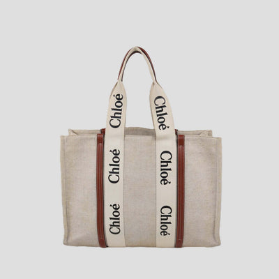 Chloe Beige/Natural Canvas and Leather Large Woody Tote